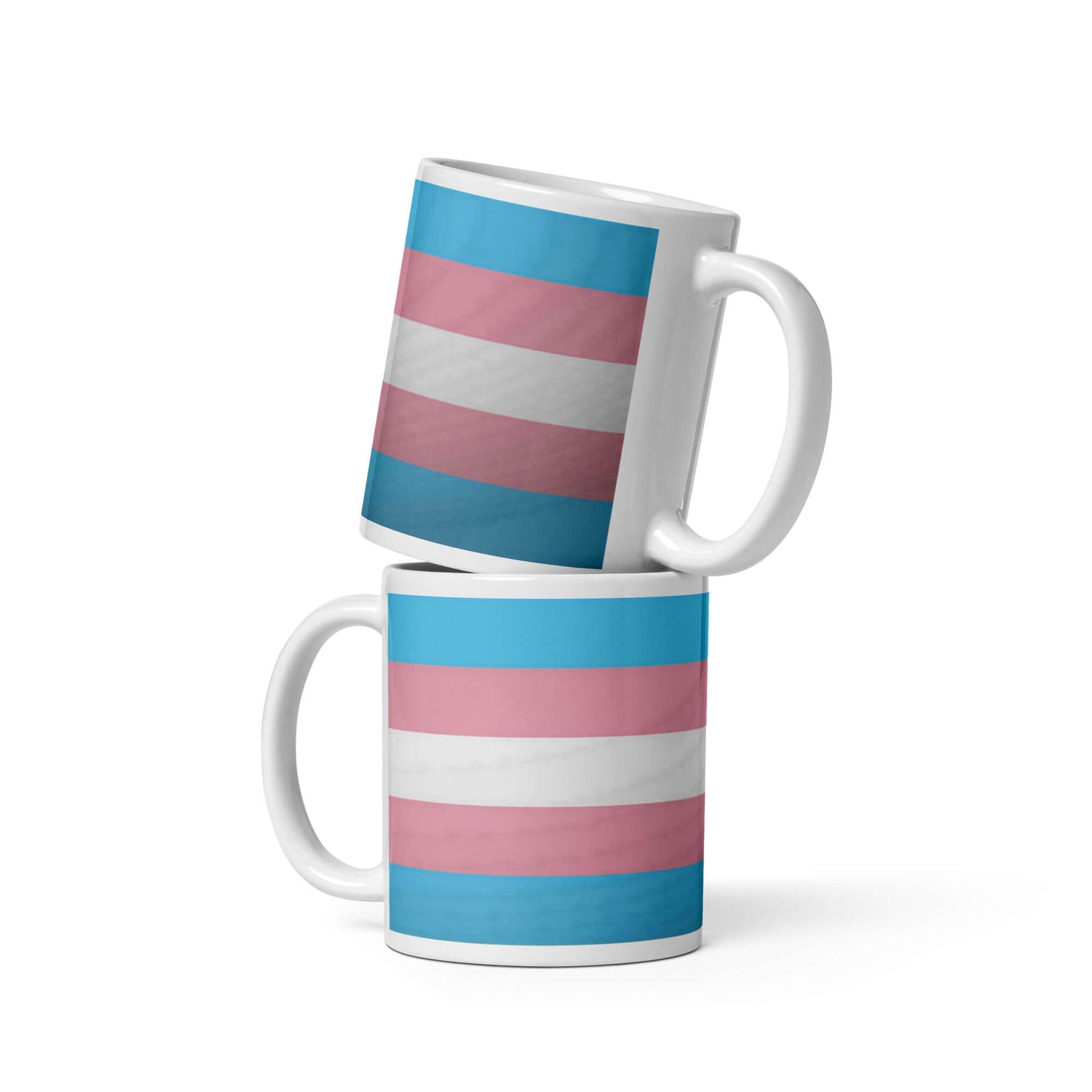 Transgender Pride Mug with vibrant blue, pink, and white stripes, ideal for morning coffee or evening tea.