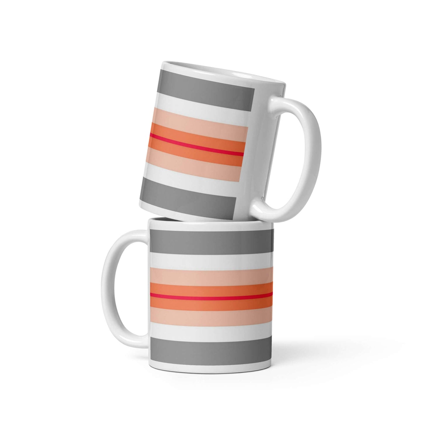 Paragirl Pride Mug design featuring colorful stripes on ceramic mugs stacked together.