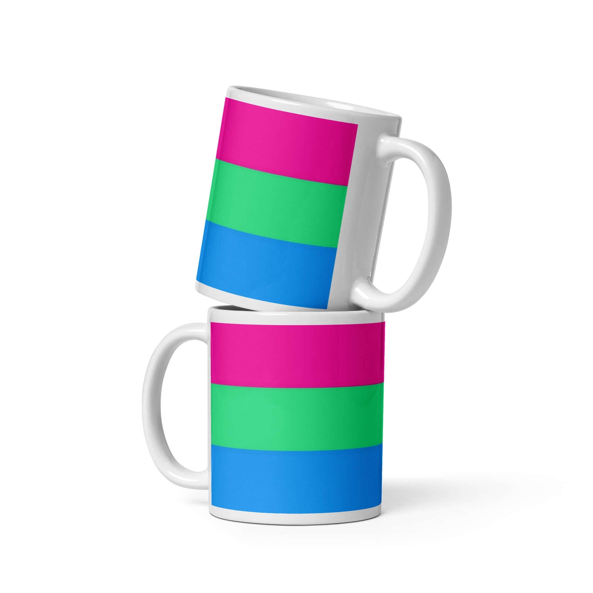 Polysexual Pride Mug featuring vibrant colors in layered stripes on ceramic mugs stacked together.