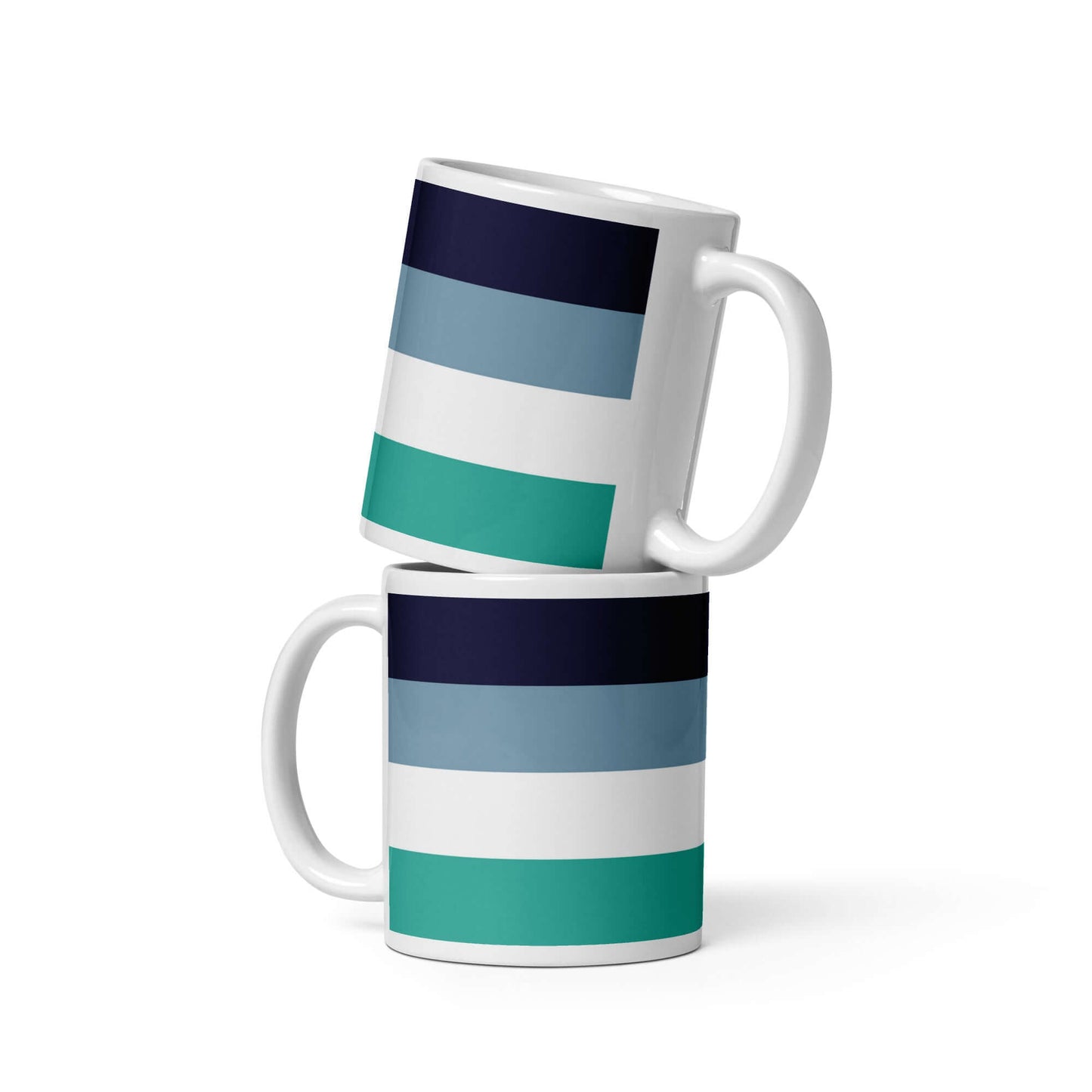 Oriented Aroace Pride Mug design with vibrant stripes in blue, green, and black, suitable for coffee or tea.