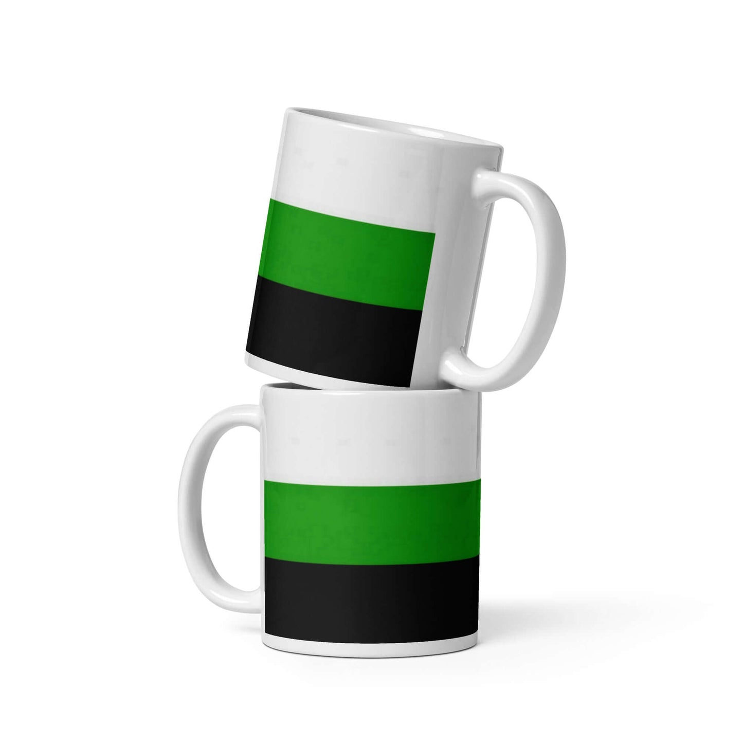 Neutrois Pride Mug featuring vibrant green and black stripes stacked on a white background.