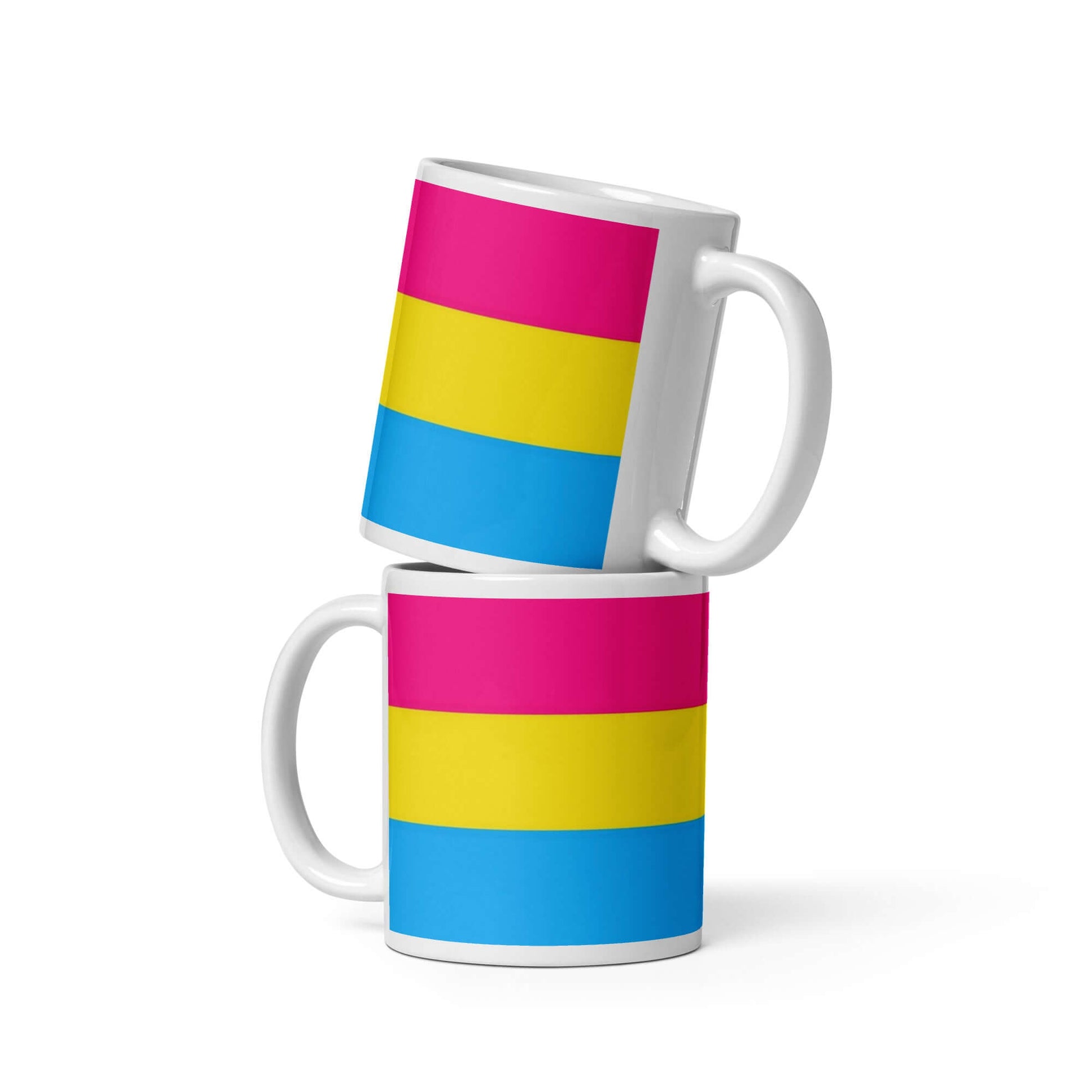 Pansexual Pride Mug featuring vibrant pink, yellow, and blue stripes, perfect for enjoying your favorite beverages.