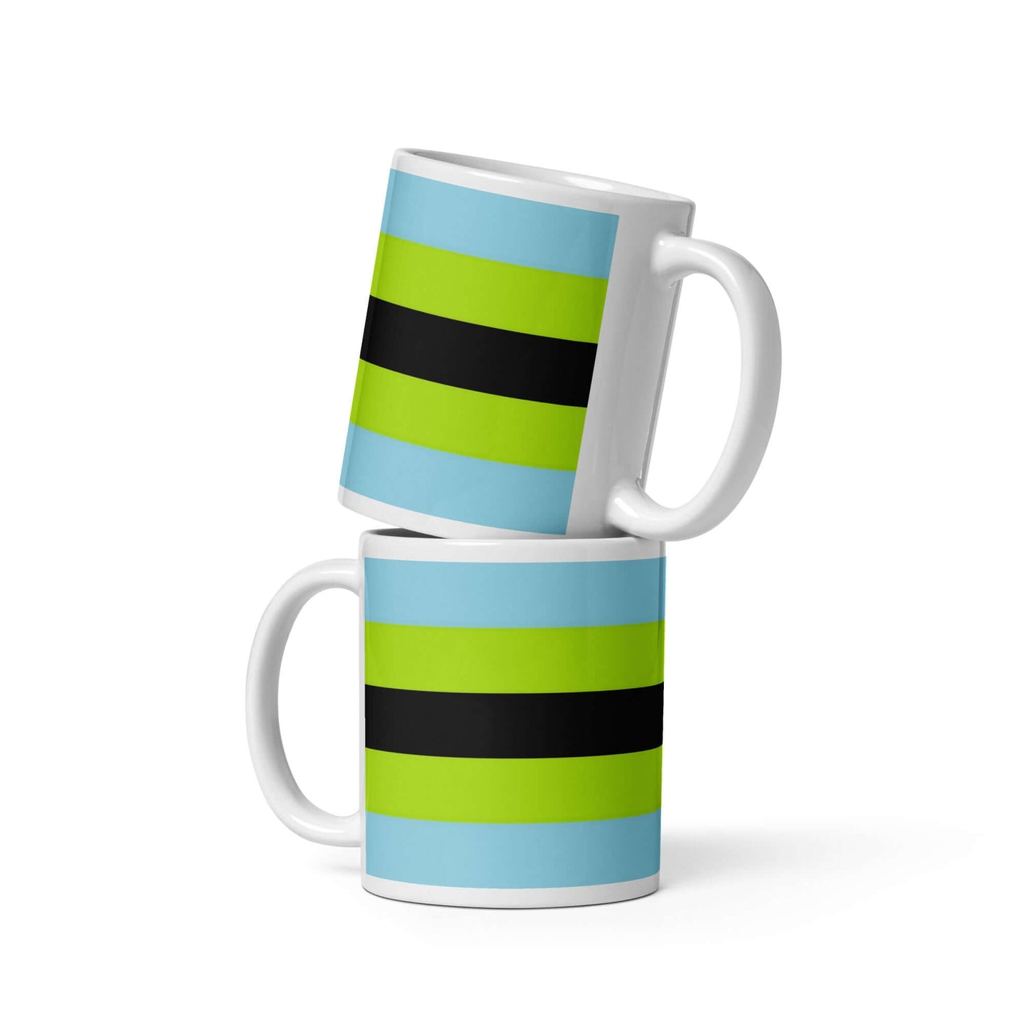 Quoigender Pride Mug featuring vibrant blue, green, and black stripes, perfect for coffee or tea.