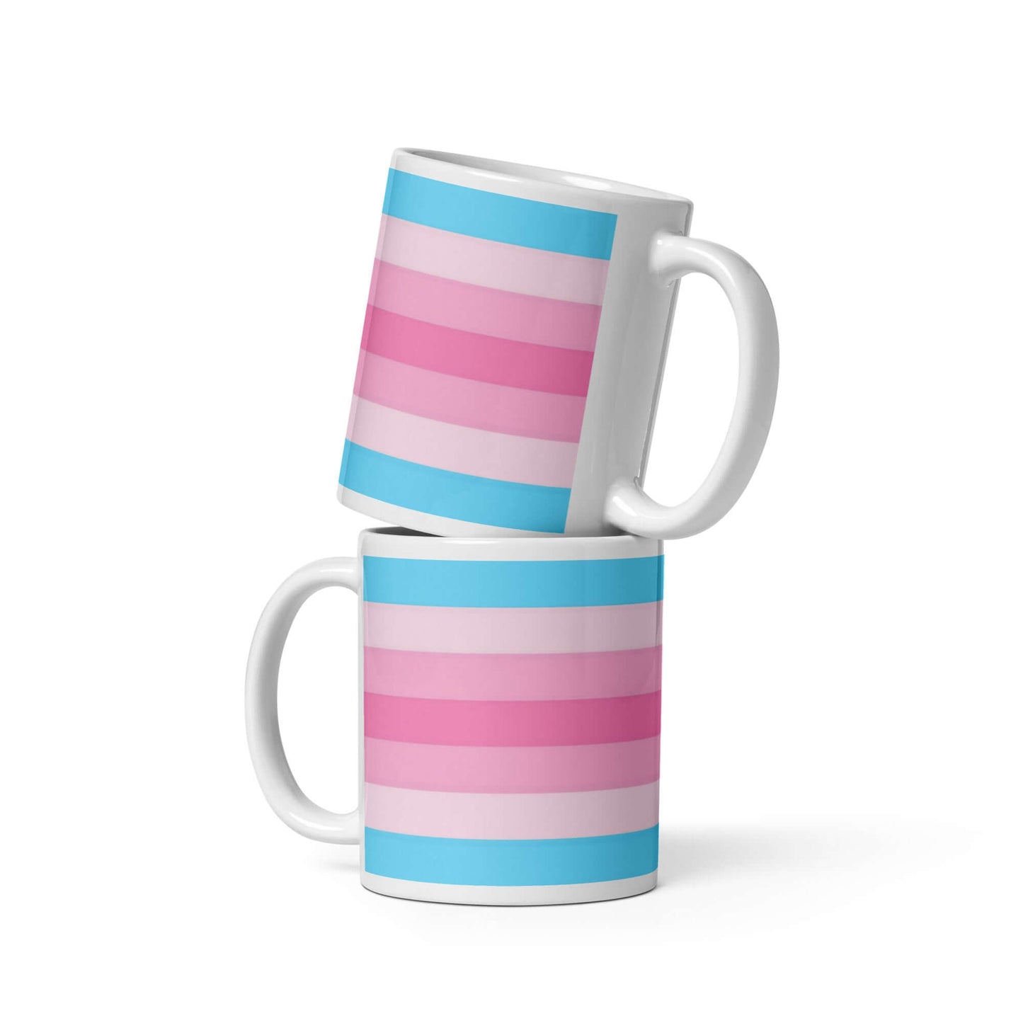 Transfem Pride Mug featuring pink and blue stripes, perfect for coffee, tea, and vibrant drinks.