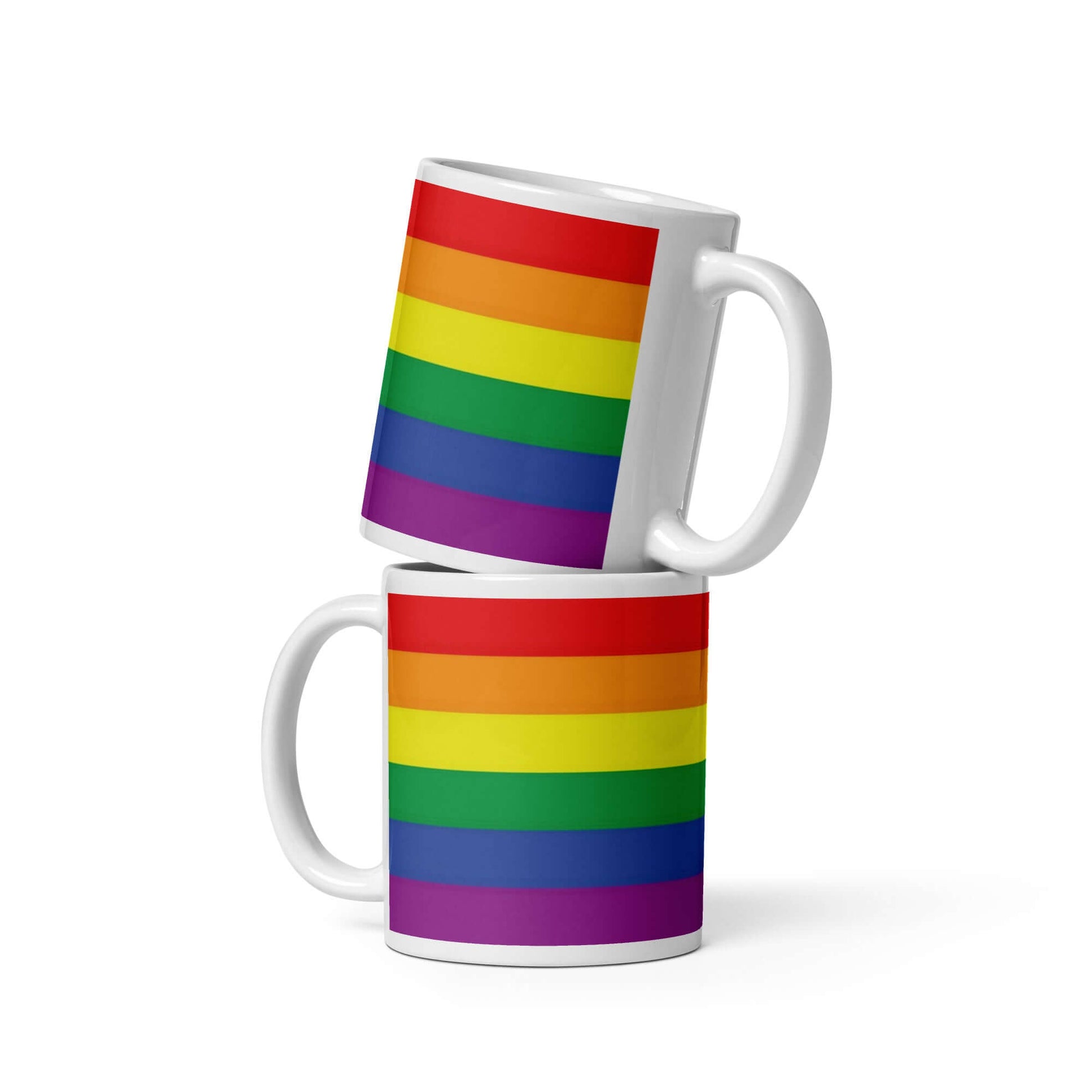 Traditional Pride Mug featuring vibrant rainbow stripes, perfect for coffee or tea enjoyment.