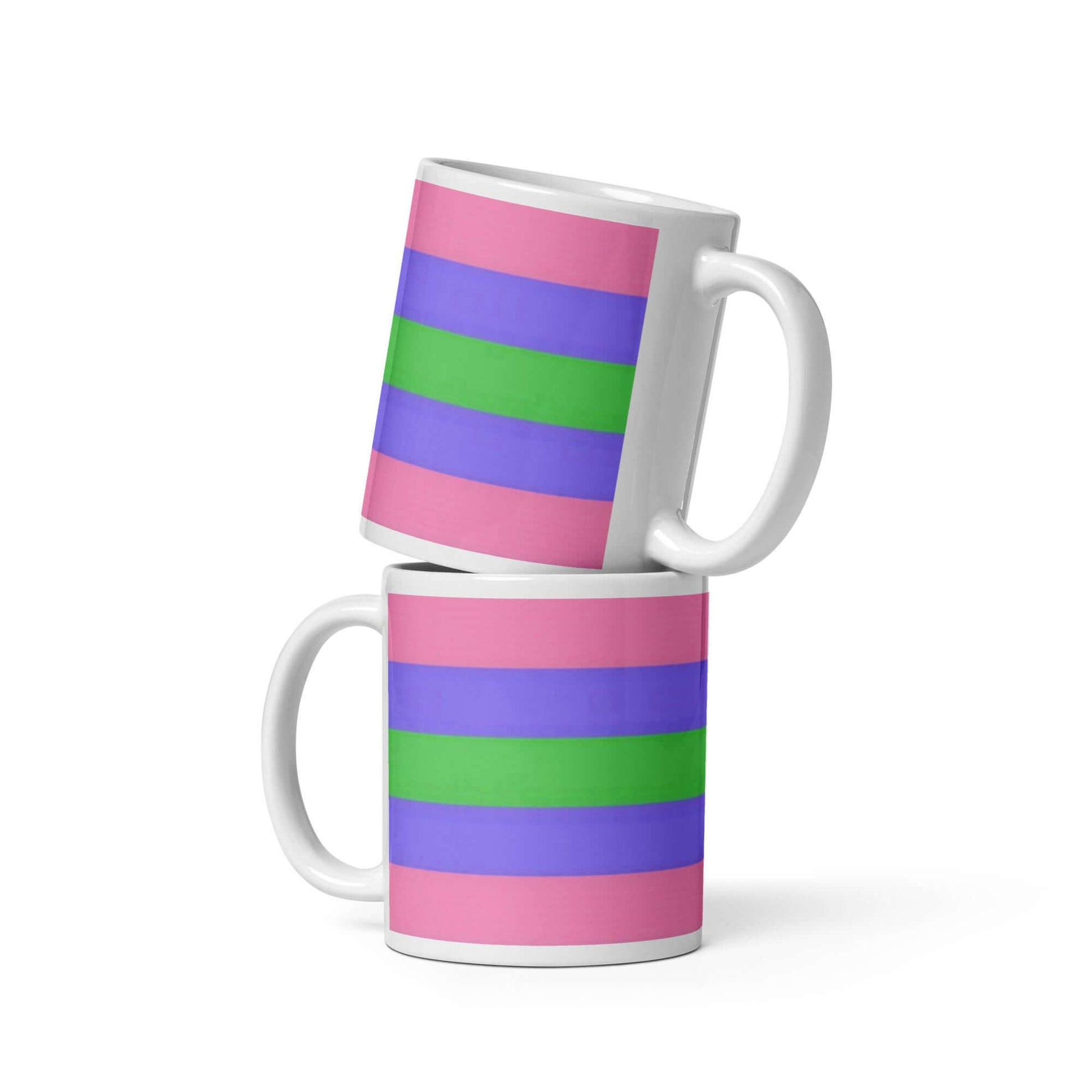 Trigender Pride Mug featuring vibrant stripes in pink, green, and purple stacked one on top of another.