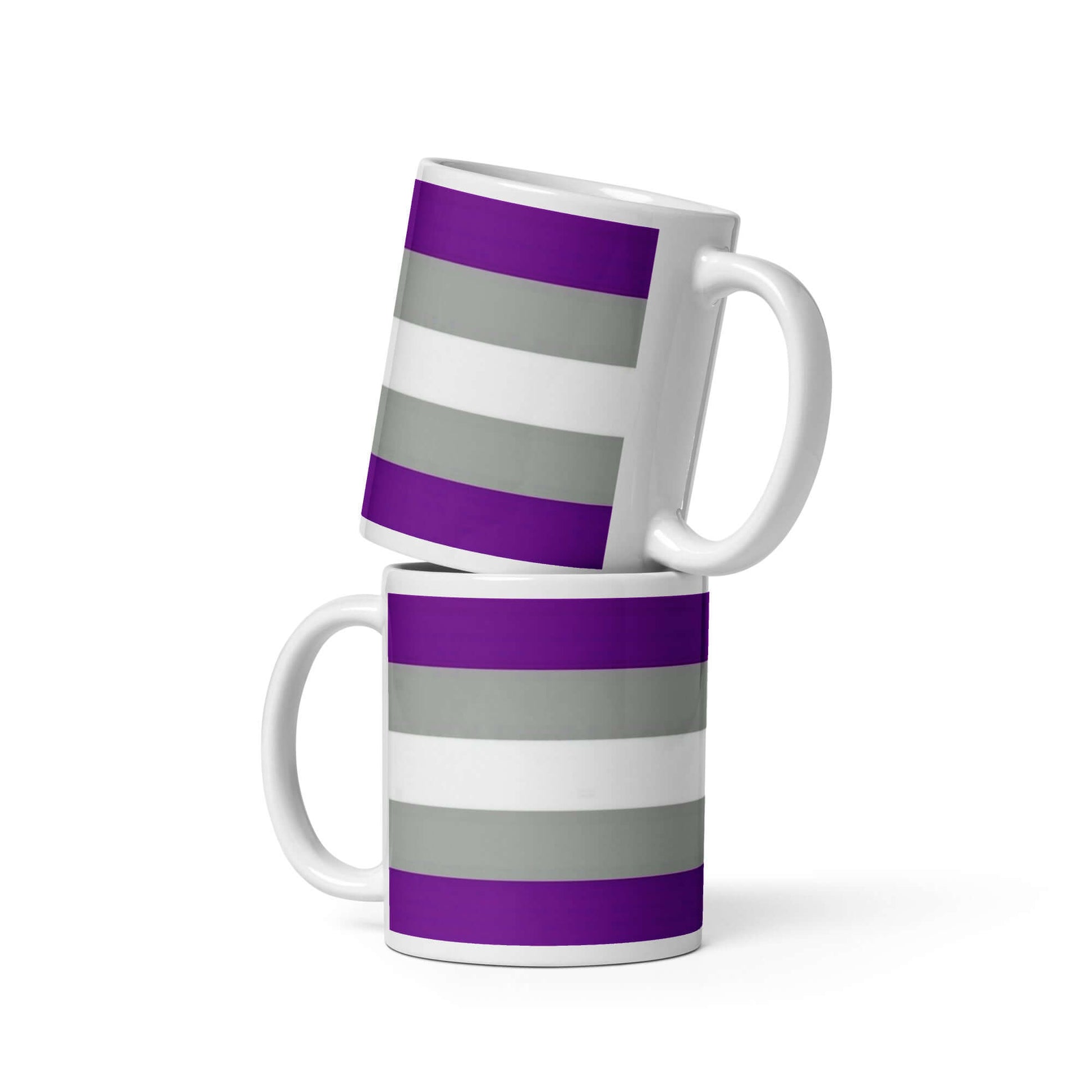 Graysexual Pride Mug featuring stacked mugs with gray, white, and purple stripes.