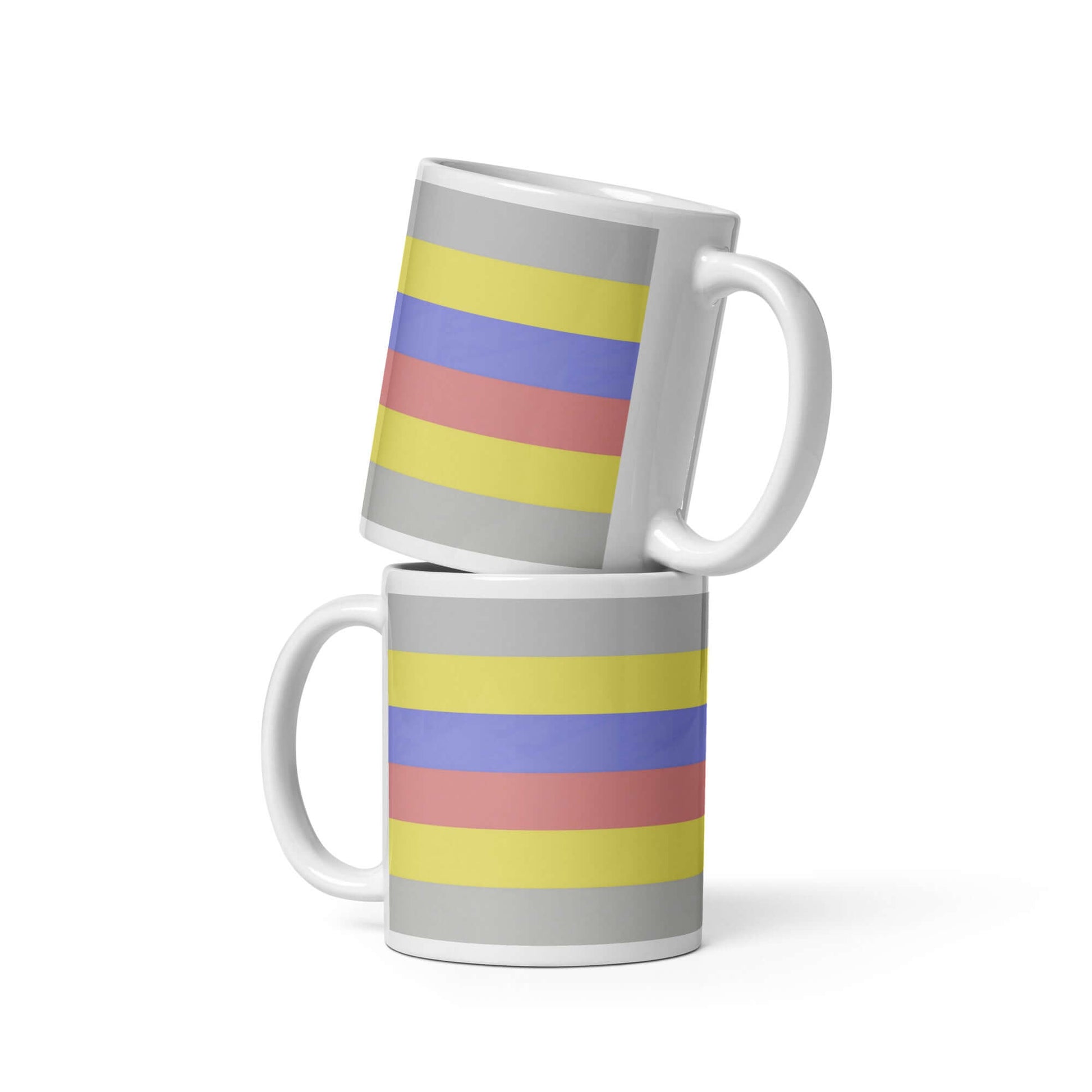 Pivotgender Pride Mug stacked showcasing colorful stripes on a glossy ceramic surface.