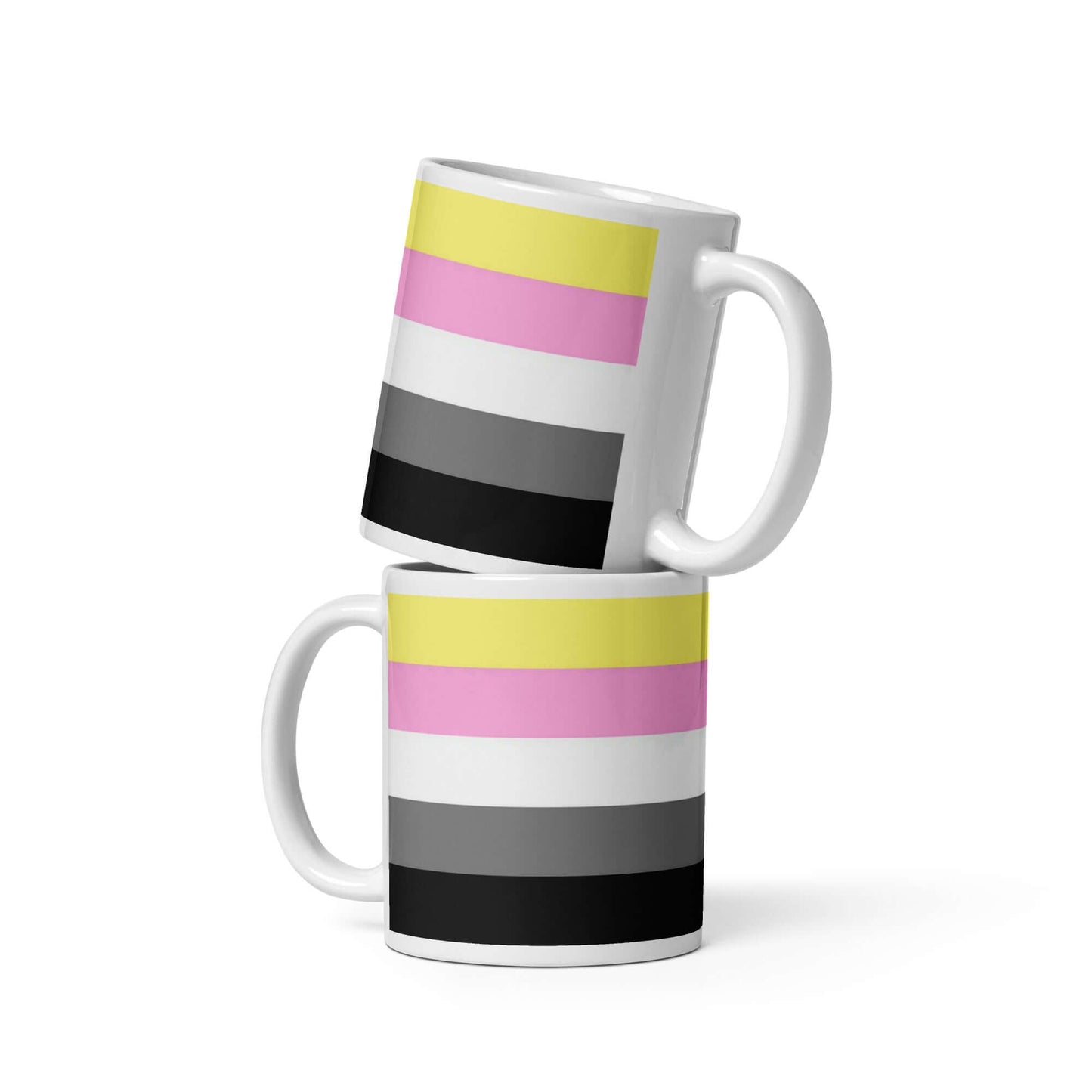 Two Queerplatonic Pride Mugs stacked, featuring colorful stripes of yellow, pink, gray, and black.