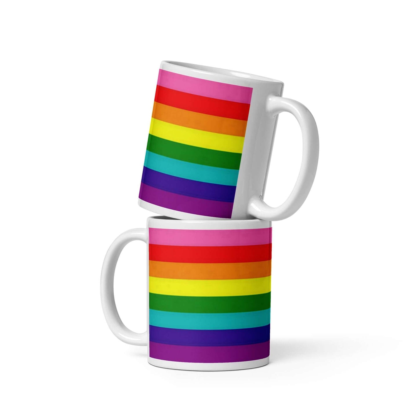Gilbert Baker Pride Mug featuring a vibrant rainbow stripe design on ceramic coffee mugs.