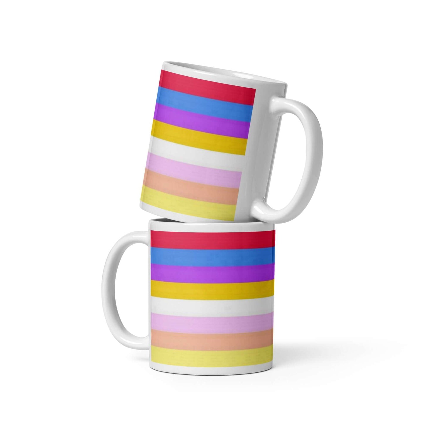 Pangender Pride Mug featuring vibrant colored stripes, perfect for coffee or tea enthusiasts.