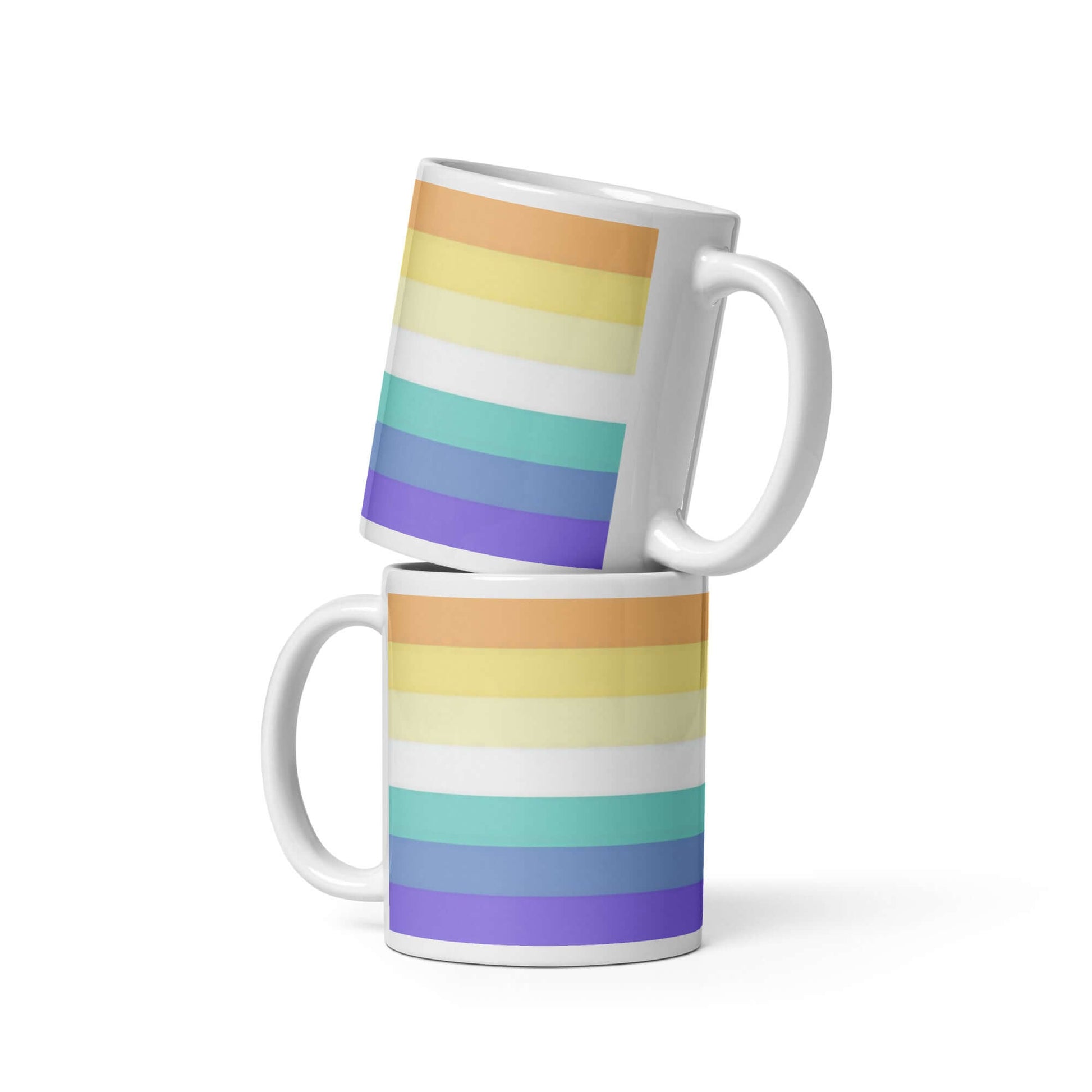 Genderfaun Pride Mug featuring vibrant stripes stacked on top of each other, ideal for coffee or tea.
