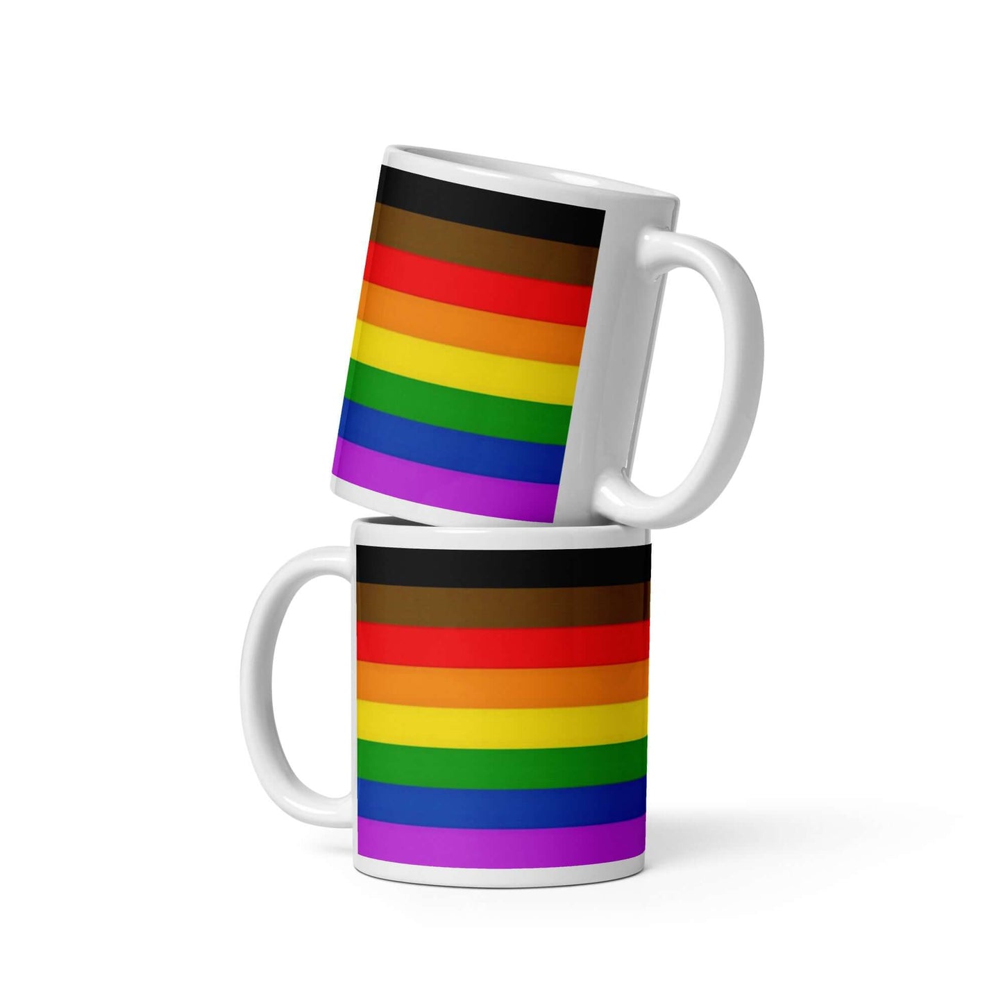 Philadelphia (People Of Color) Inclusive Pride Mug featuring a vibrant rainbow stripe design.