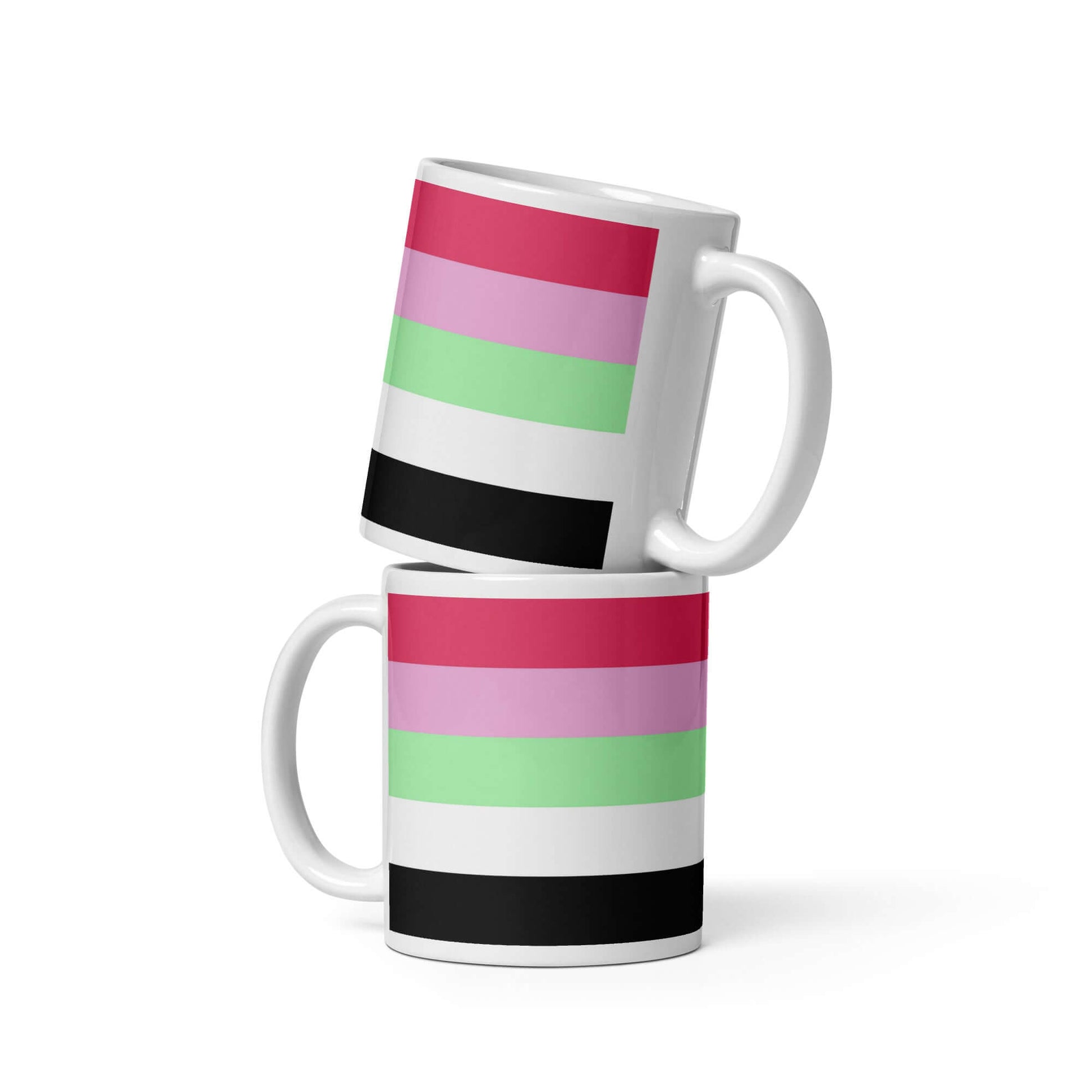 Recipromantic Pride Mug design featuring vibrant stripes in pink, green, and black on sturdy ceramic mugs.