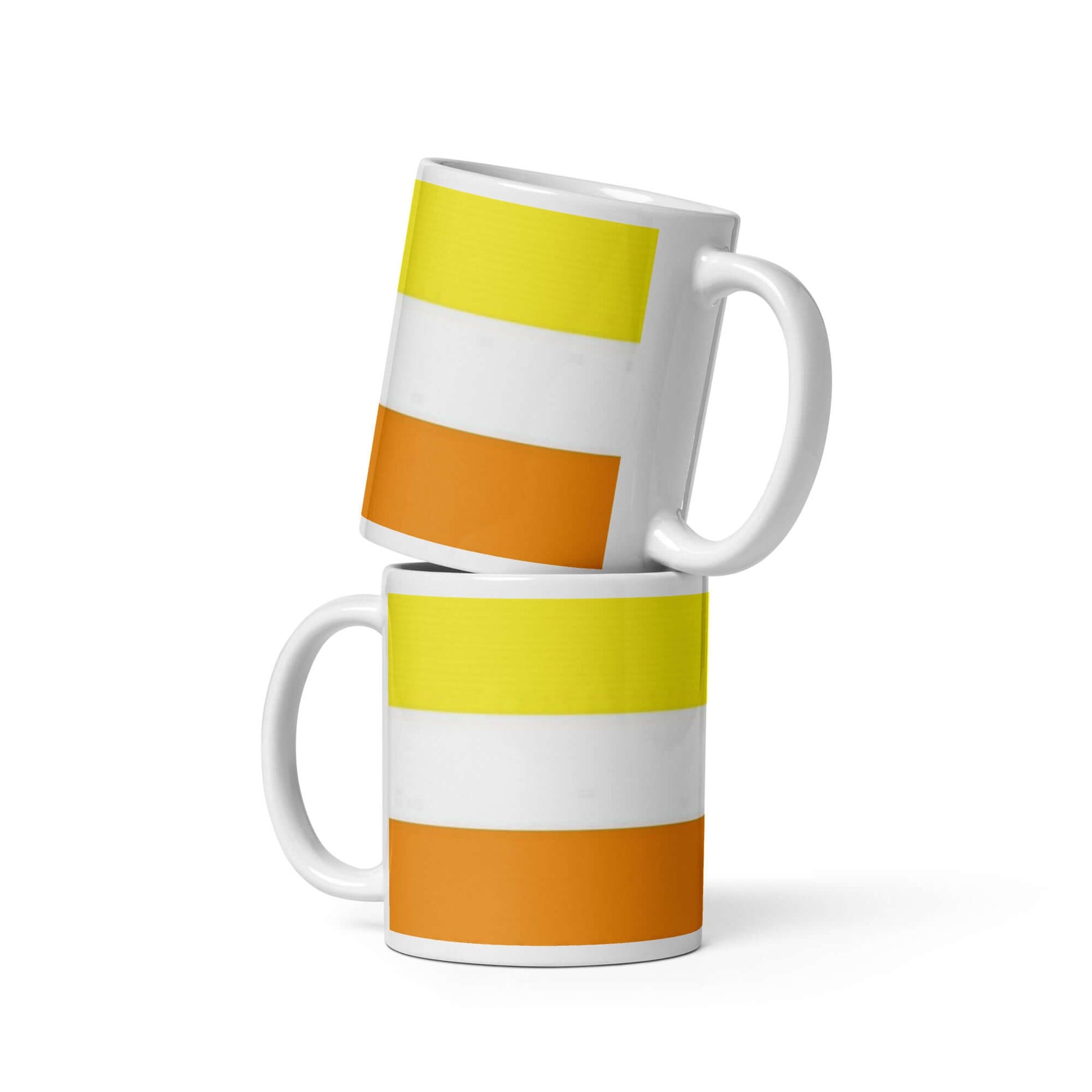Maverique Pride Mug featuring vibrant yellow, white, and orange stripes, perfect for coffee or tea.