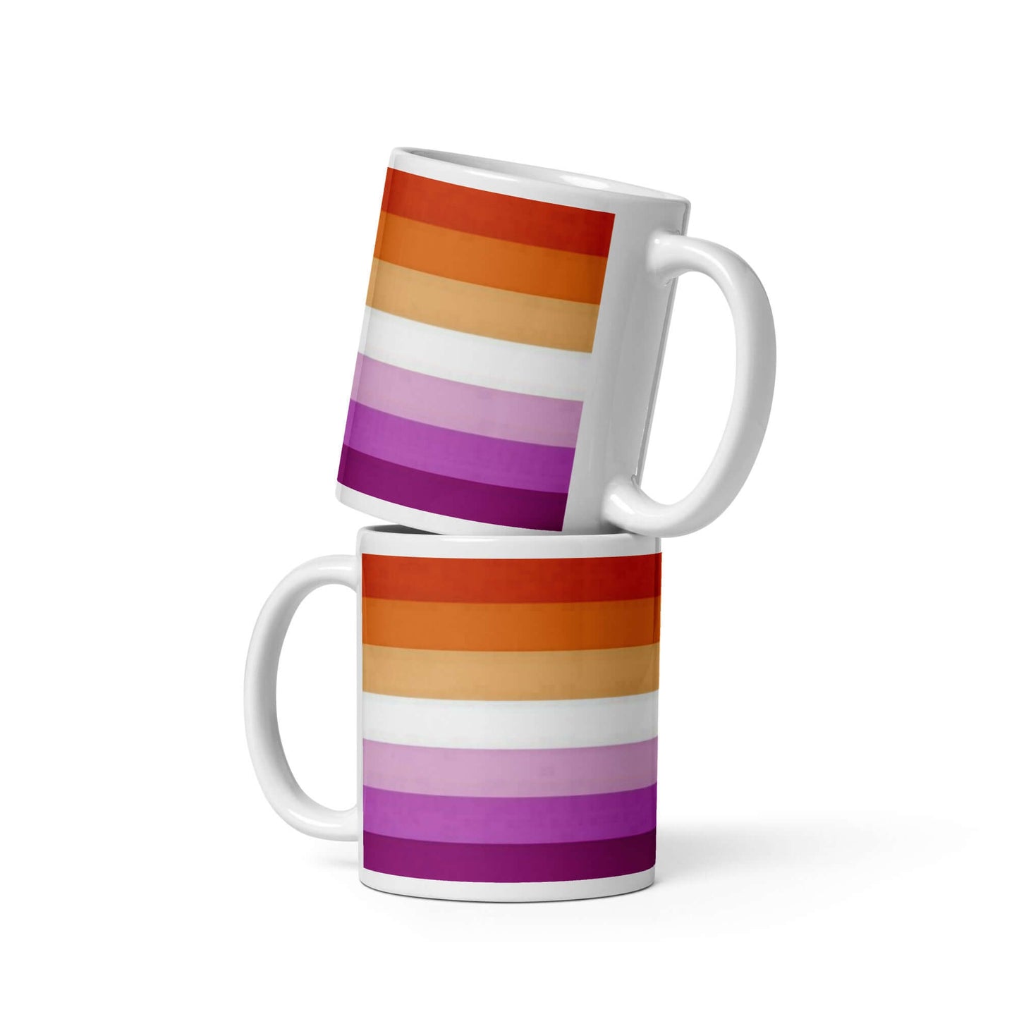 Lesbian Pride Mug with vibrant rainbow stripes, perfect for coffee or tea. Sturdy and glossy finish.