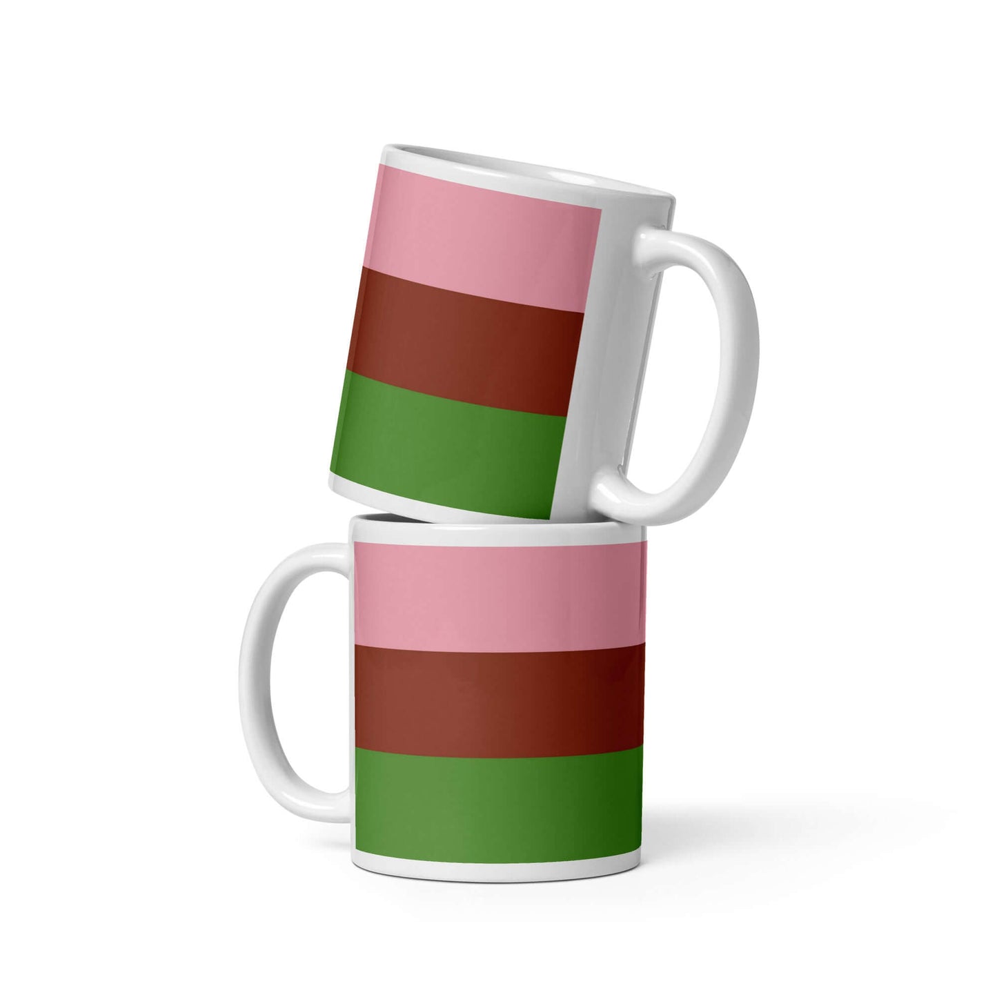 Gynosexual Pride Mug showcasing colorful horizontal stripes in pink, brown, and green on a glossy ceramic design.