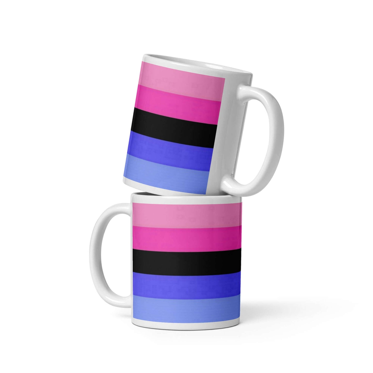 Omnisexual Pride Mug with vibrant stripes in pink, black, and blue, displayed in a stacking arrangement.