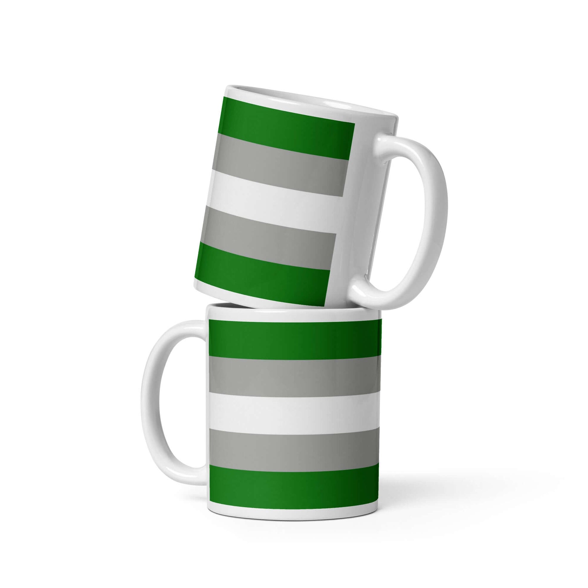 Grayromantic Pride Mug featuring green and gray stripes, stacked for display.
