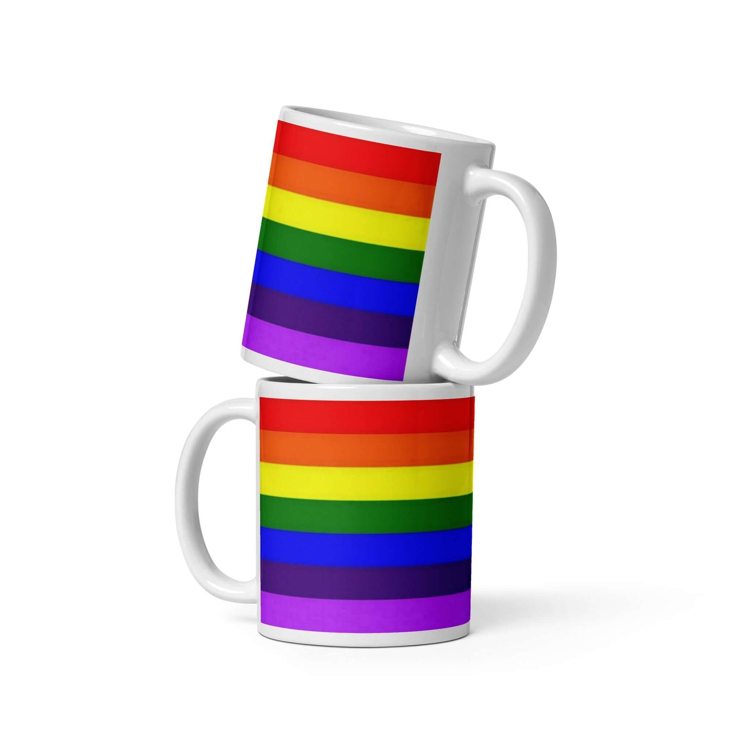 Gilbert Baker (Adapted Version) Pride Mug displayed in two sizes with vibrant rainbow colors.