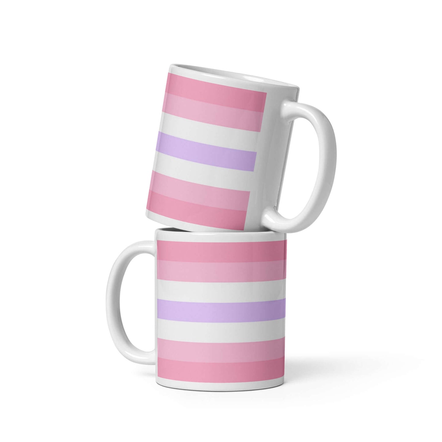 Pomosexual Pride Mug with pink and lavender stripes stacked together, perfect for coffee or tea.