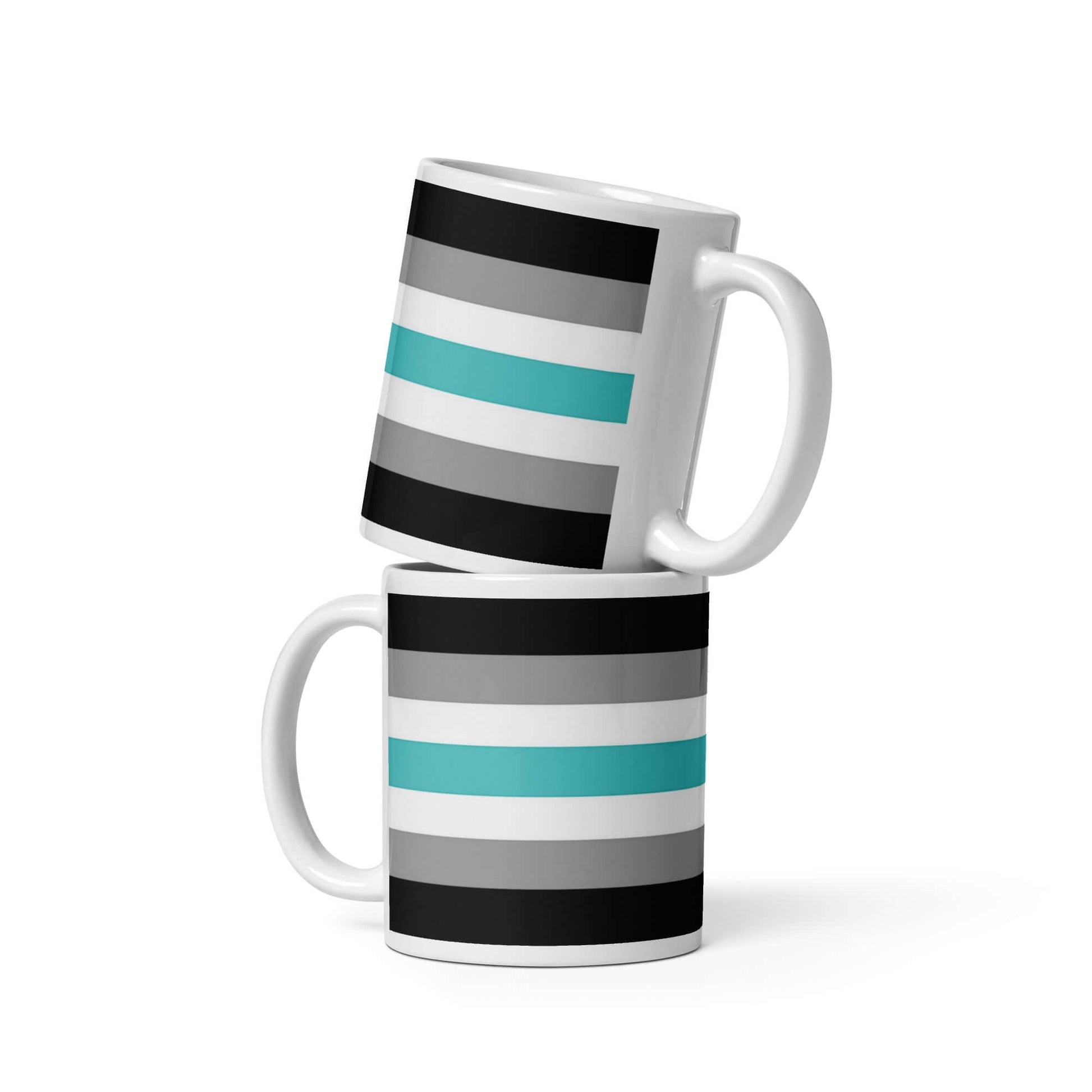 Libramasc Pride Mug featuring black, white, grey, and teal stripes stacked together for a vibrant coffee or tea experience.