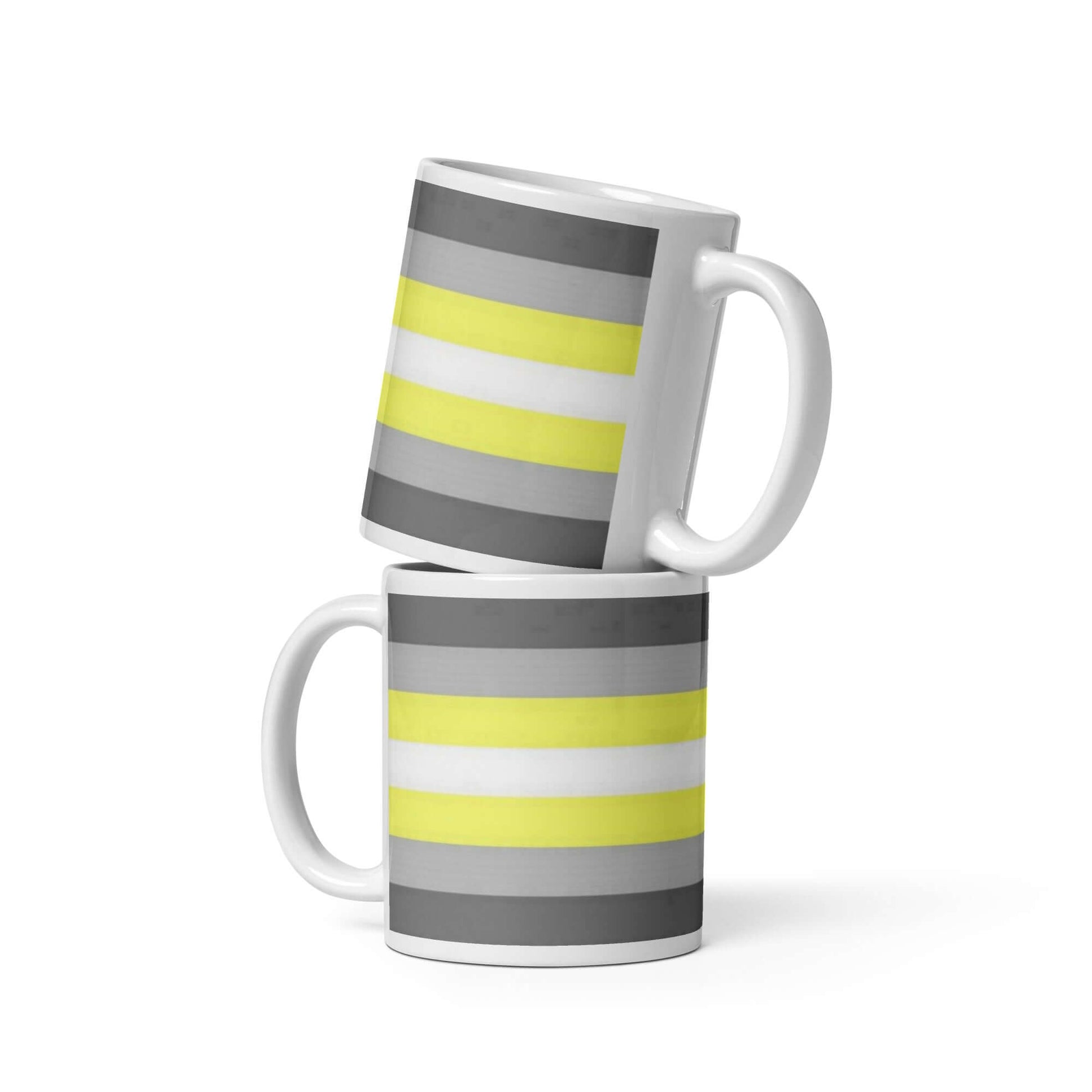 Demigender Pride Mug featuring bold yellow, white, and gray stripes on sturdy ceramic design.