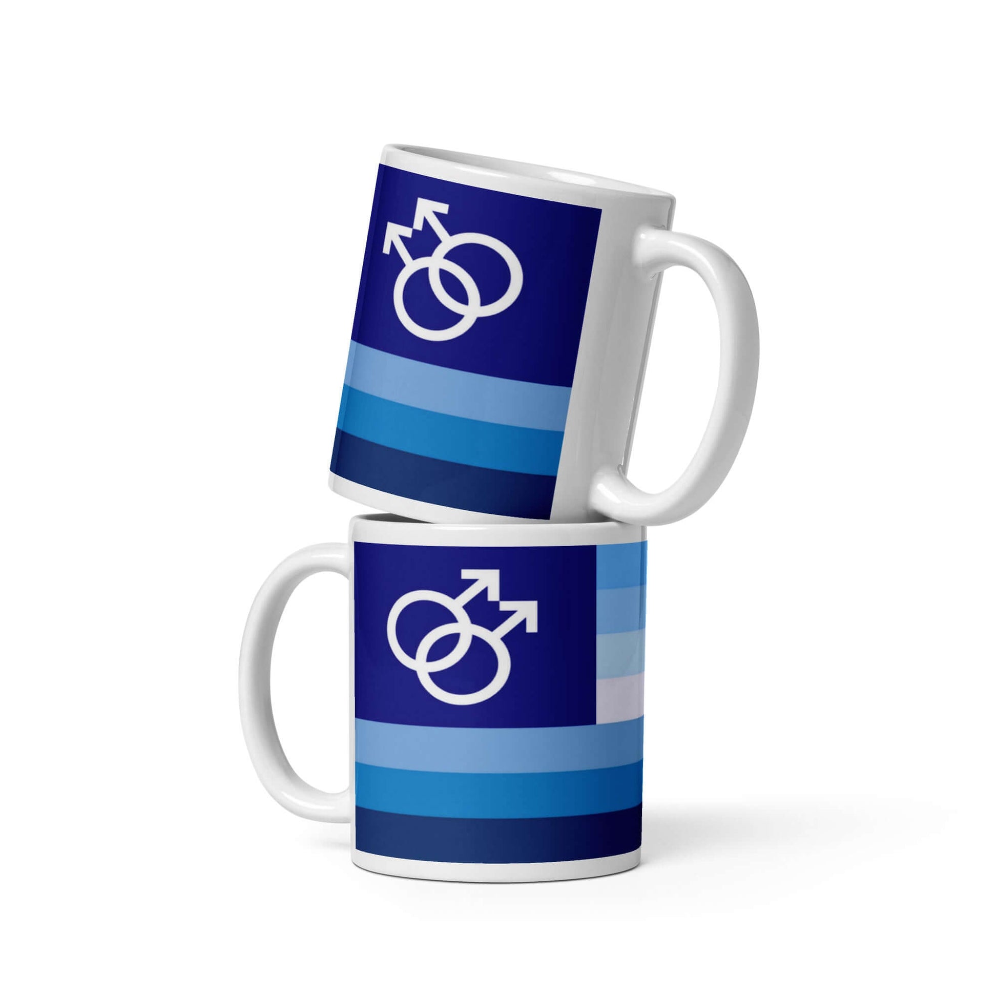 Gay Men IV Pride Mug featuring vibrant blue design with gender symbols and stripes, perfect for coffee or tea.