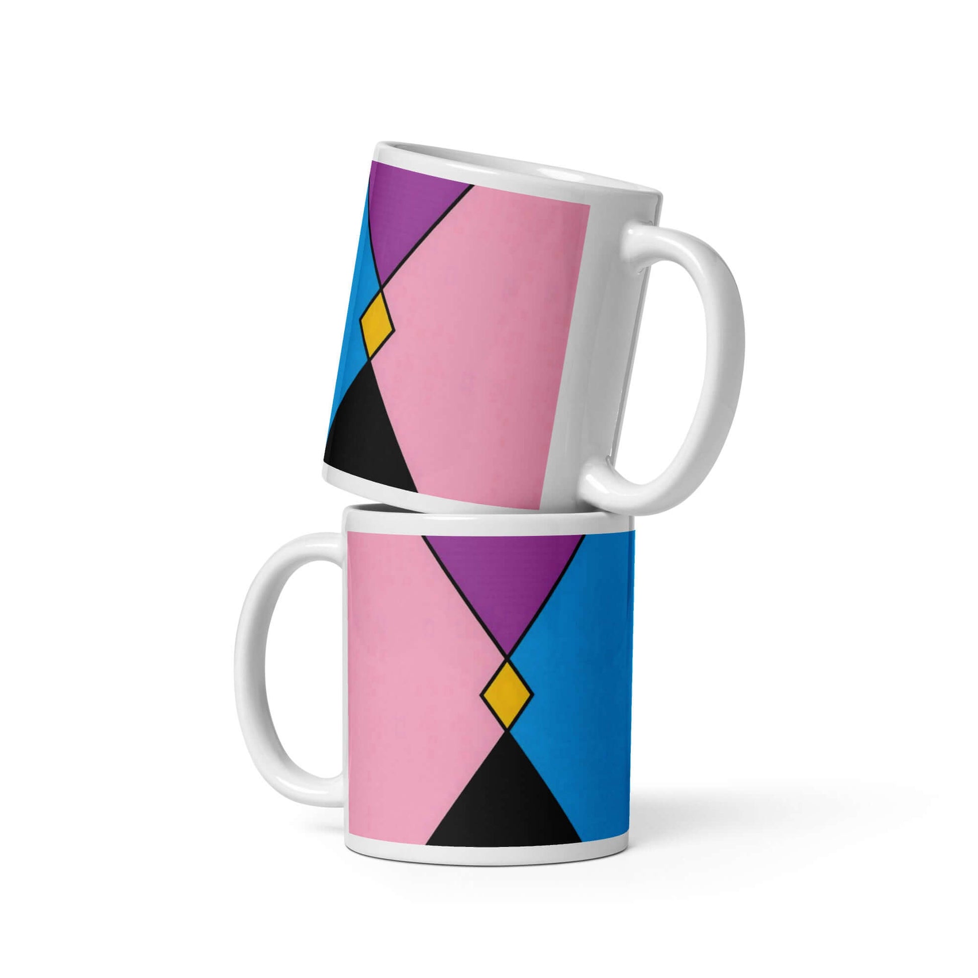 Pocket Gender Pride Mug featuring vibrant geometric designs in pink, blue, and black, ideal for any beverage.
