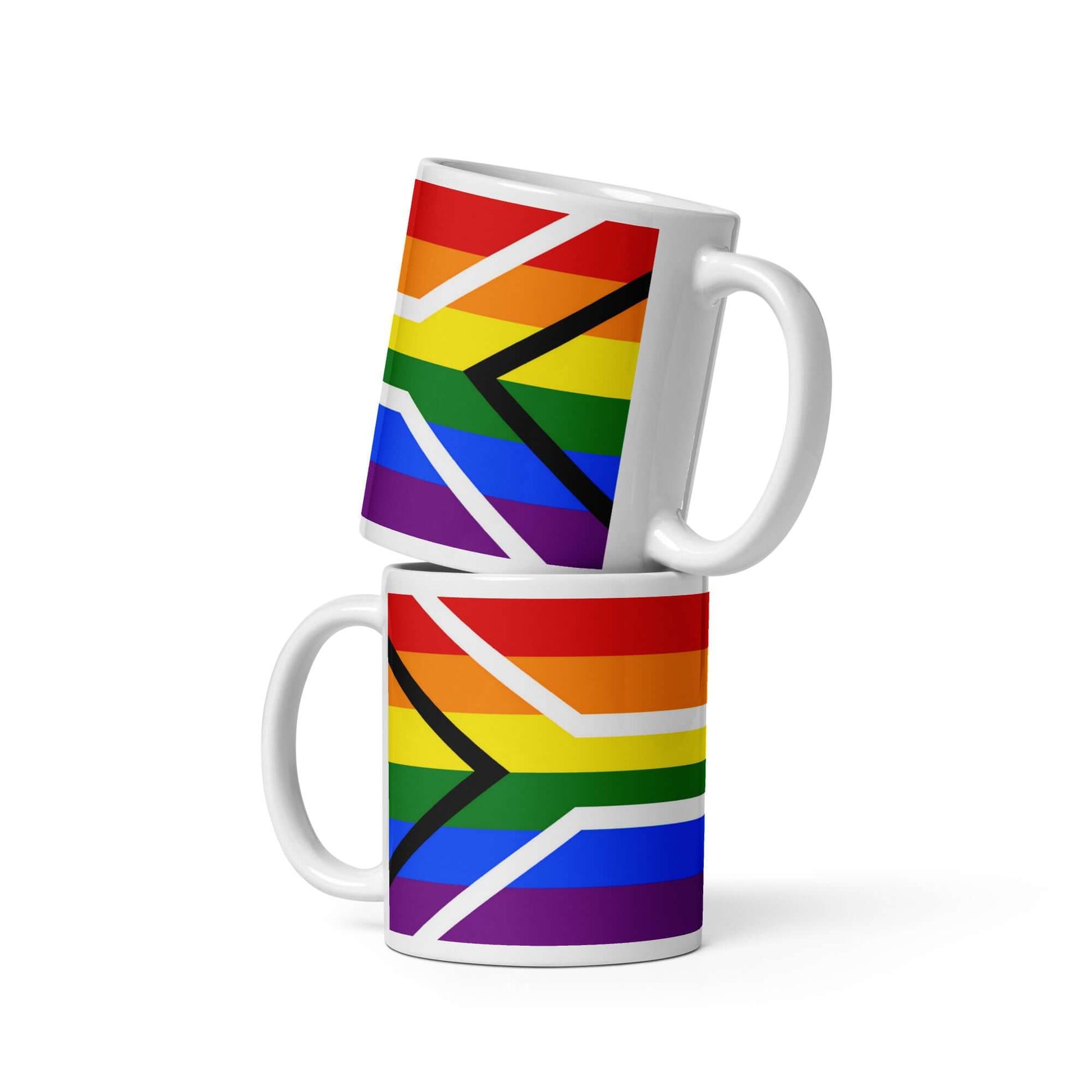South African Pride Mug with vibrant rainbow colors and South African flag design, perfect for drinks.