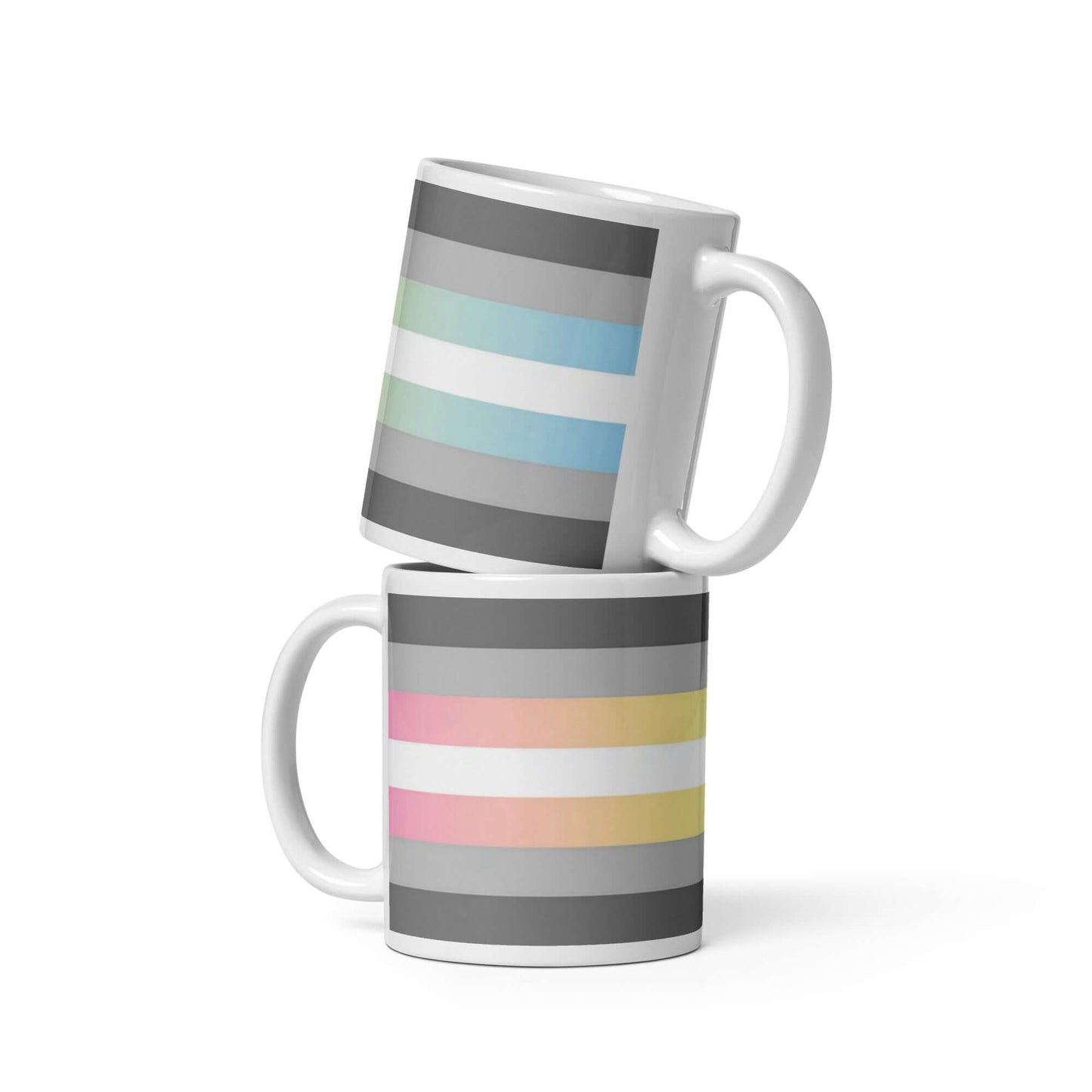 Demifluid Pride Mug design featuring striped patterns on two ceramic mugs stacked together.