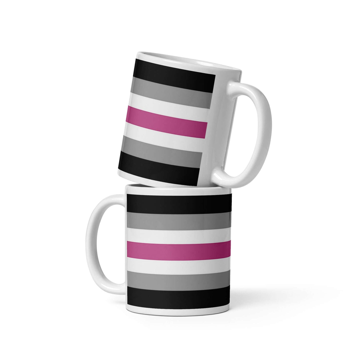 Librafemme Pride Mug featuring a bold striped design in black, gray, and pink, stacked for a stylish display.