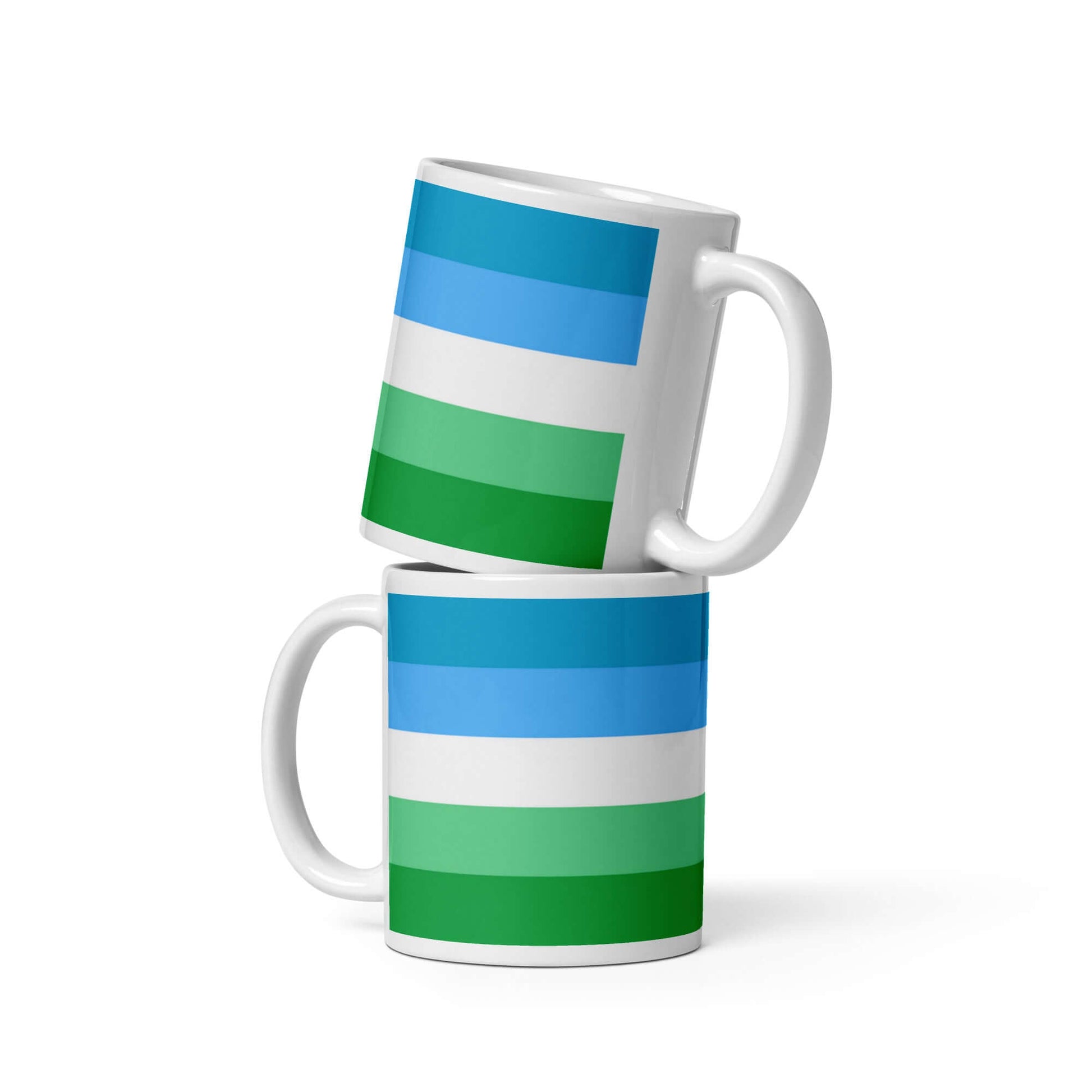 Gay Men III Pride Mug featuring bold blue and green stripes, symbolizing pride and unity. Perfect for coffee or tea.