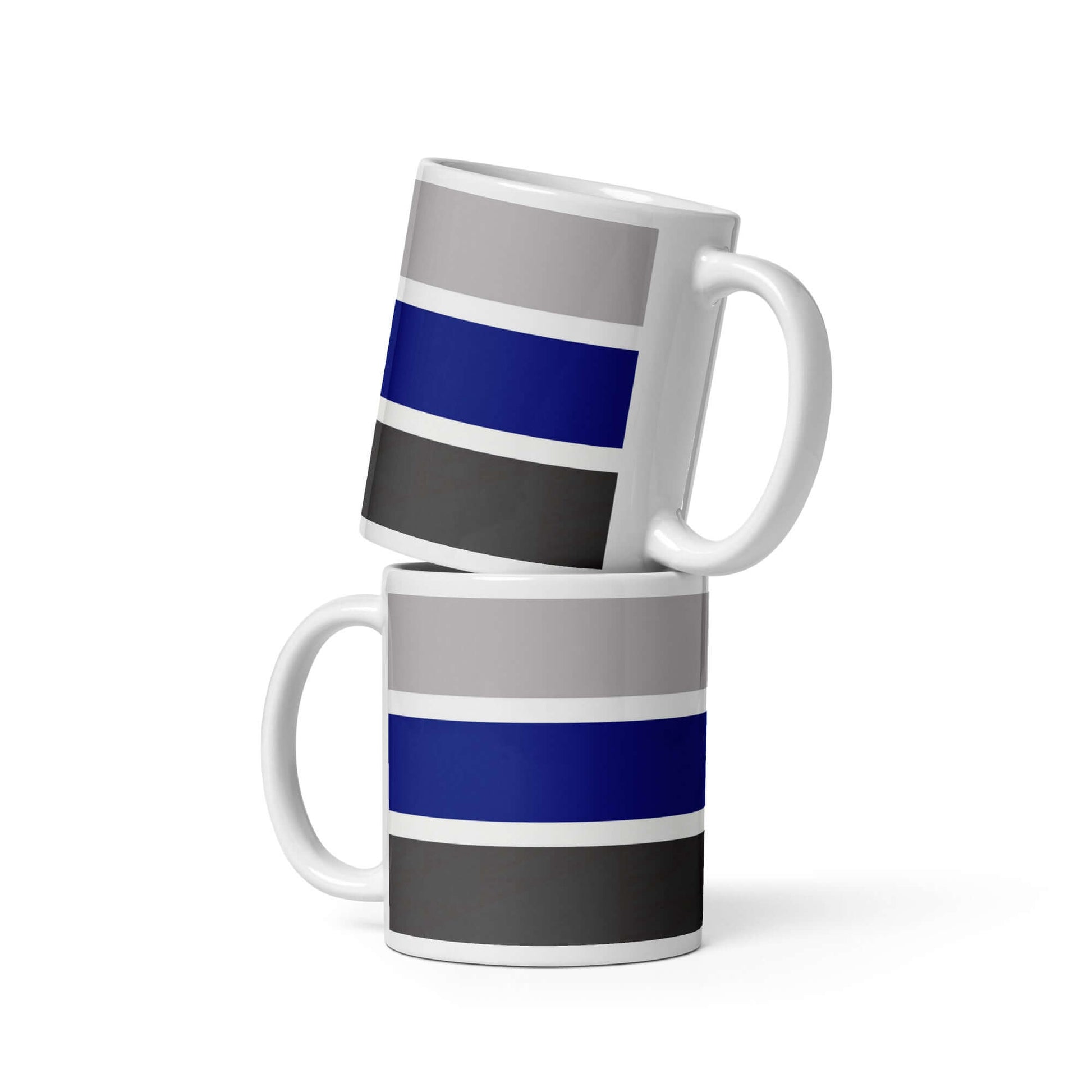 Graygender Pride Mug featuring a bold design with gray, blue, and black stripes, perfect for daily drinks.