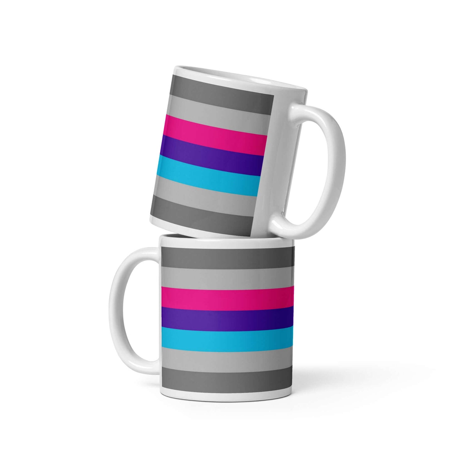 Demiandrogyne Pride Mug featuring colorful stripes on a glossy ceramic surface, showcasing pride and individuality.