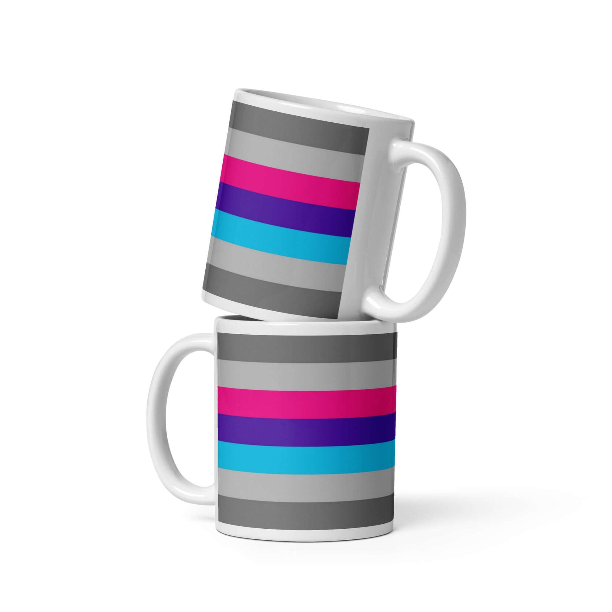 Demiandrogyne Pride Mug featuring colorful stripes on a glossy ceramic surface, showcasing pride and individuality.