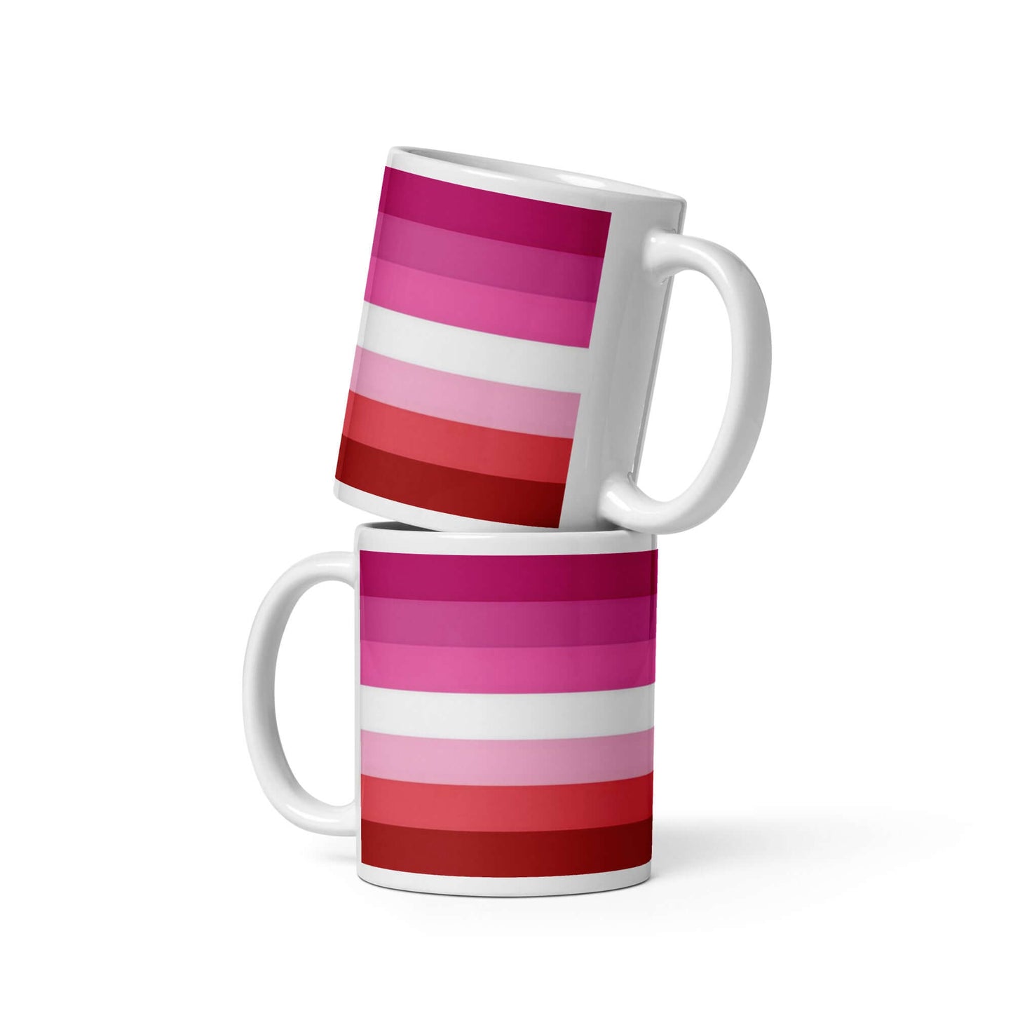 Lesbian Femme Pride Mug featuring a vibrant pink and red striped design, perfect for coffee or tea.