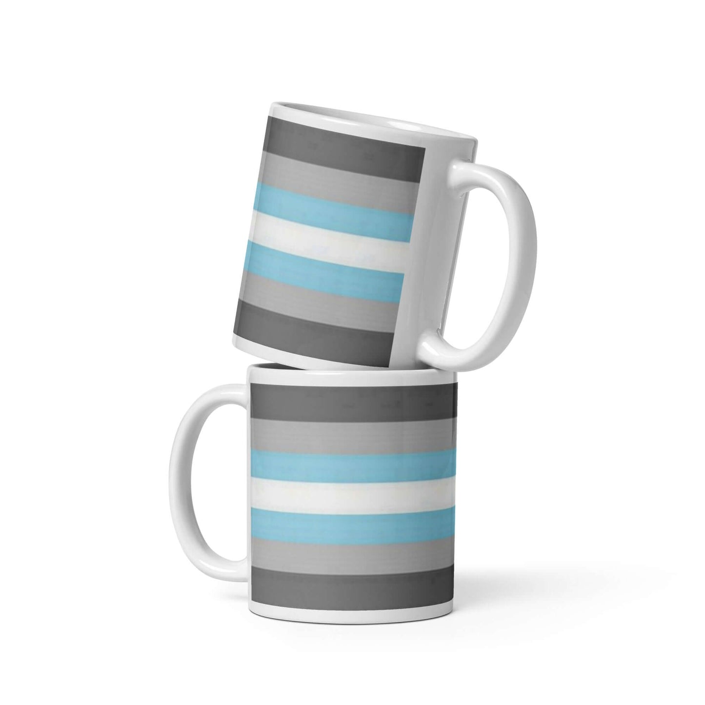 Demigender Demiboys Pride Mug shown in a stack with bold stripes in gray and blue shades.