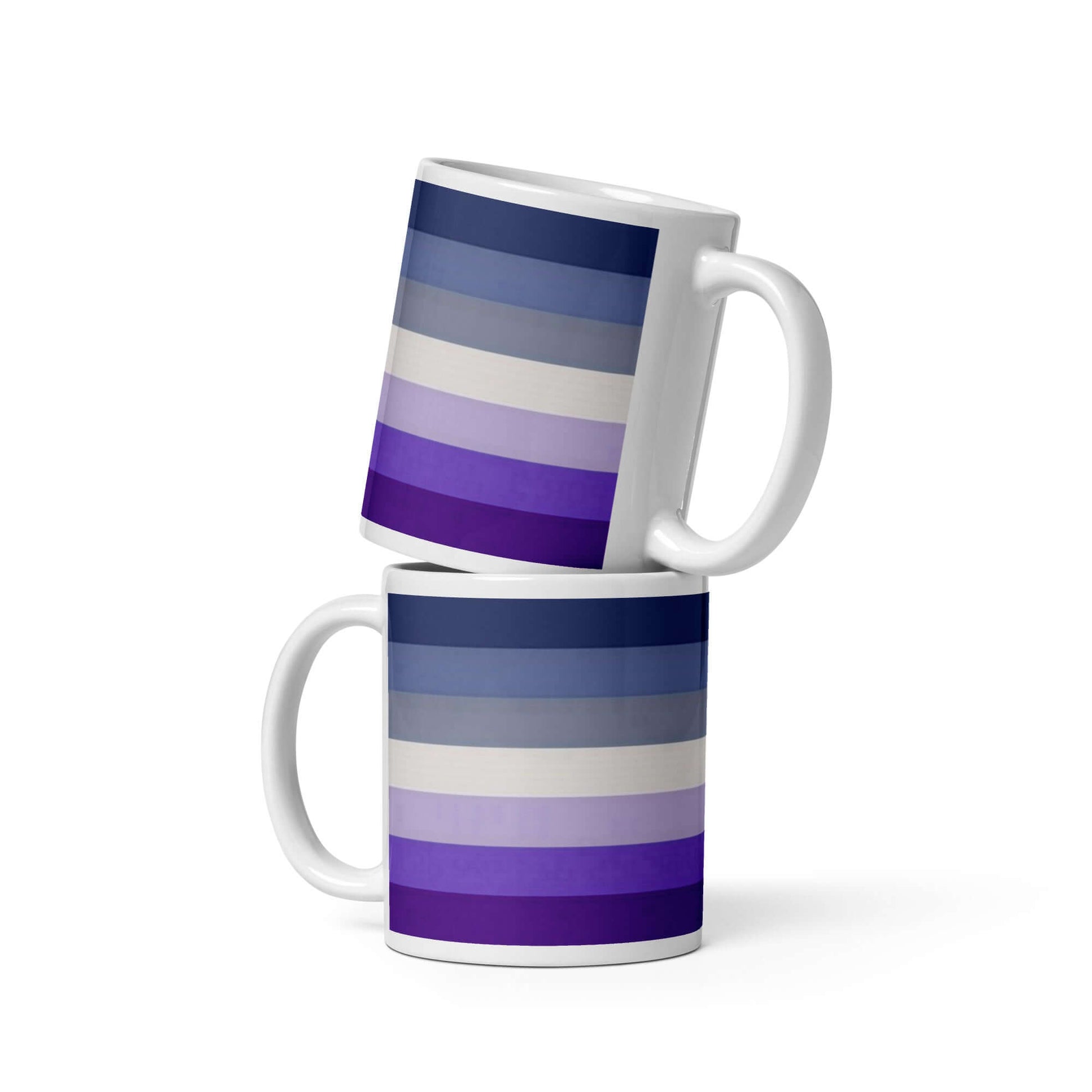 Butch Lesbian Pride Mug design with striped pattern on two ceramic mugs stacked.