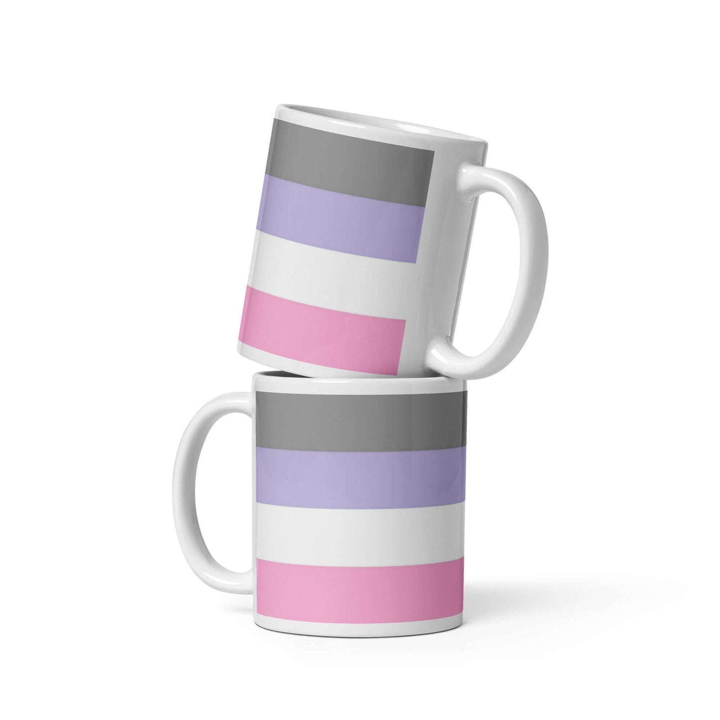 Cupiosexual Pride Mug featuring a bold striped design in gray, lavender, white, and pink stacked on a white background.