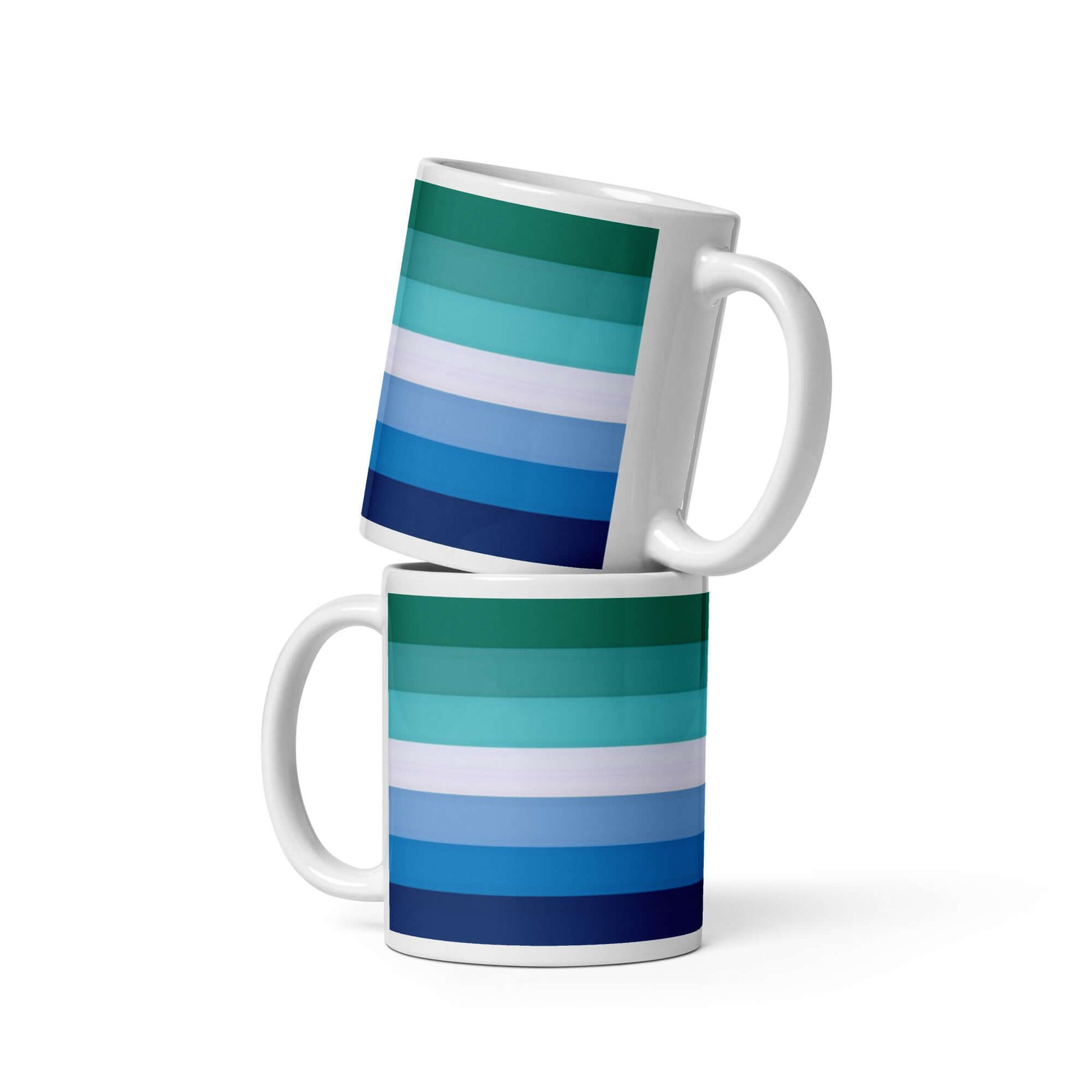 Gay Men II Pride Mug featuring vibrant green and blue stripes, perfect for coffee or tea.