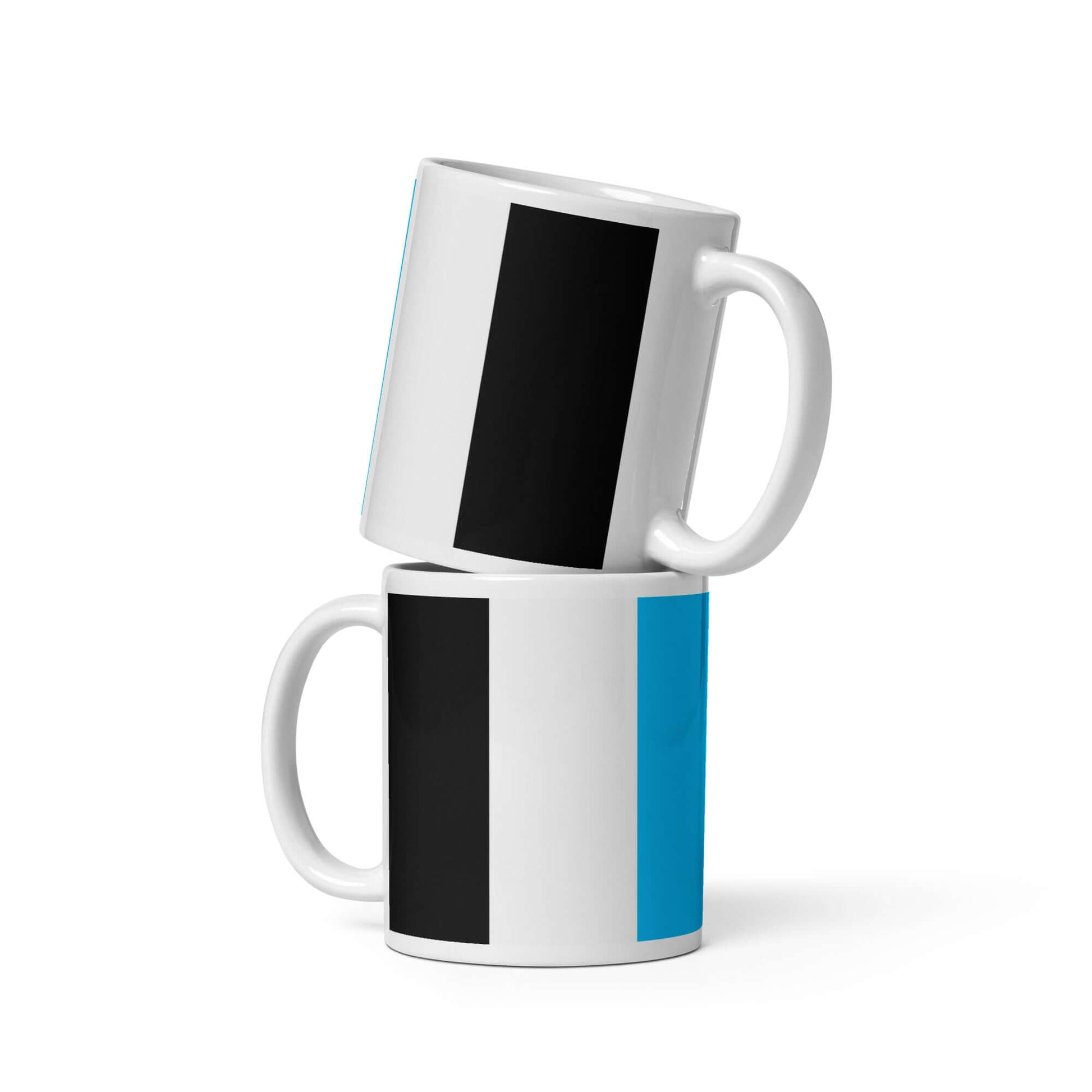 Two Mascic Pride Mugs stacked, featuring a black and teal design on a glossy surface.