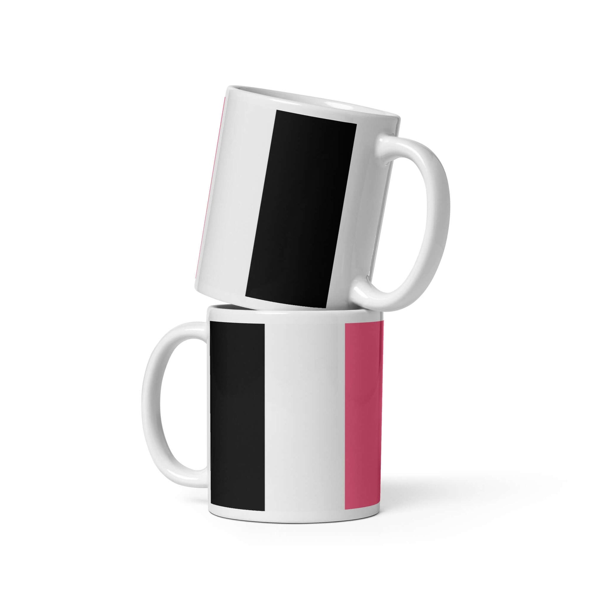Femeric Pride Mug showcasing two ceramic mugs with a glossy finish in black and pink colors.