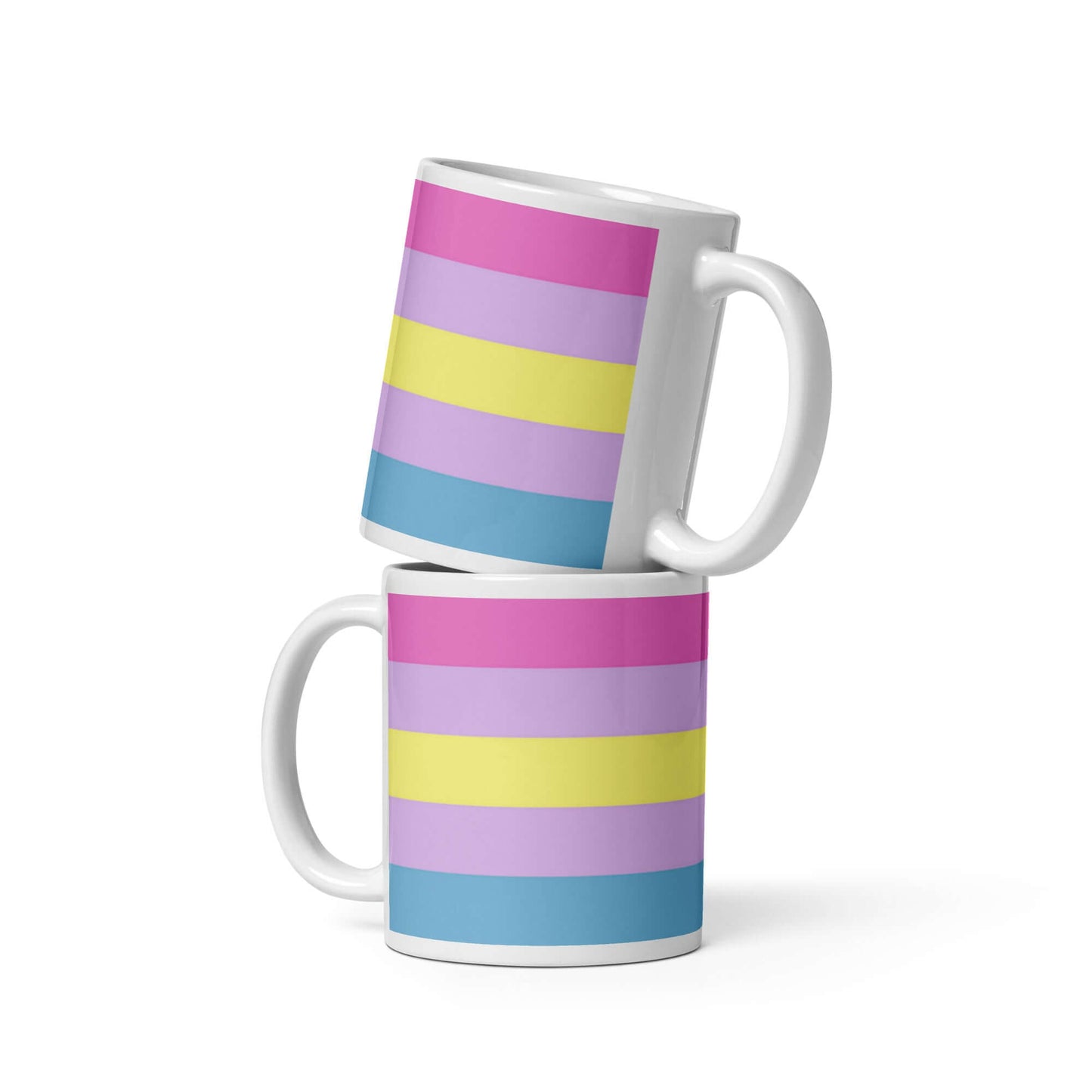 Aporagender Pride Mug featuring colorful stripes in pink, purple, yellow, and blue stacked on top of each other.
