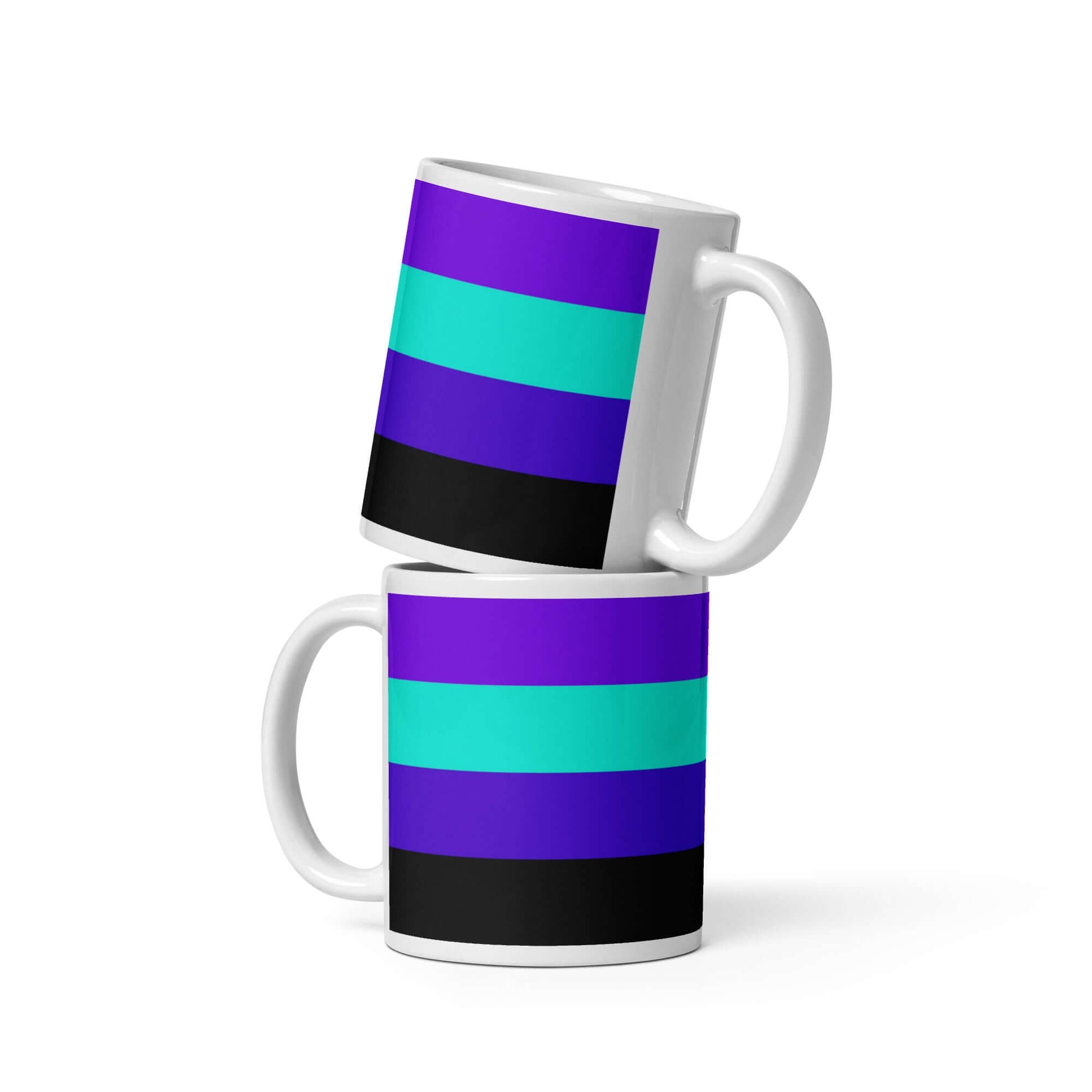 Alexigender Pride Mug featuring vibrant colored stripes in purple, teal, and black, perfect for any beverage.