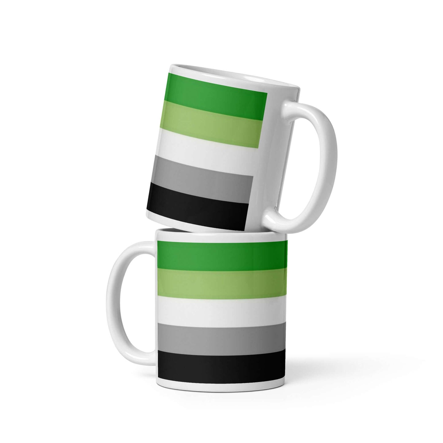 Aromantic Pride Mug featuring vibrant green, black, and grey stripes; perfect for coffee or tea lovers.