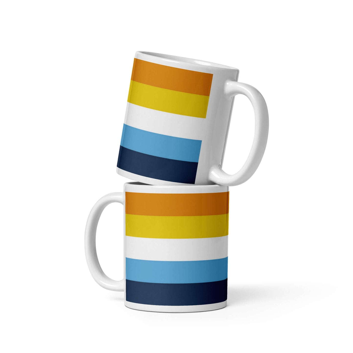 Aroace Pride Mug design featuring colorful stripes, perfect for coffee or tea, sturdy and glossy finish.