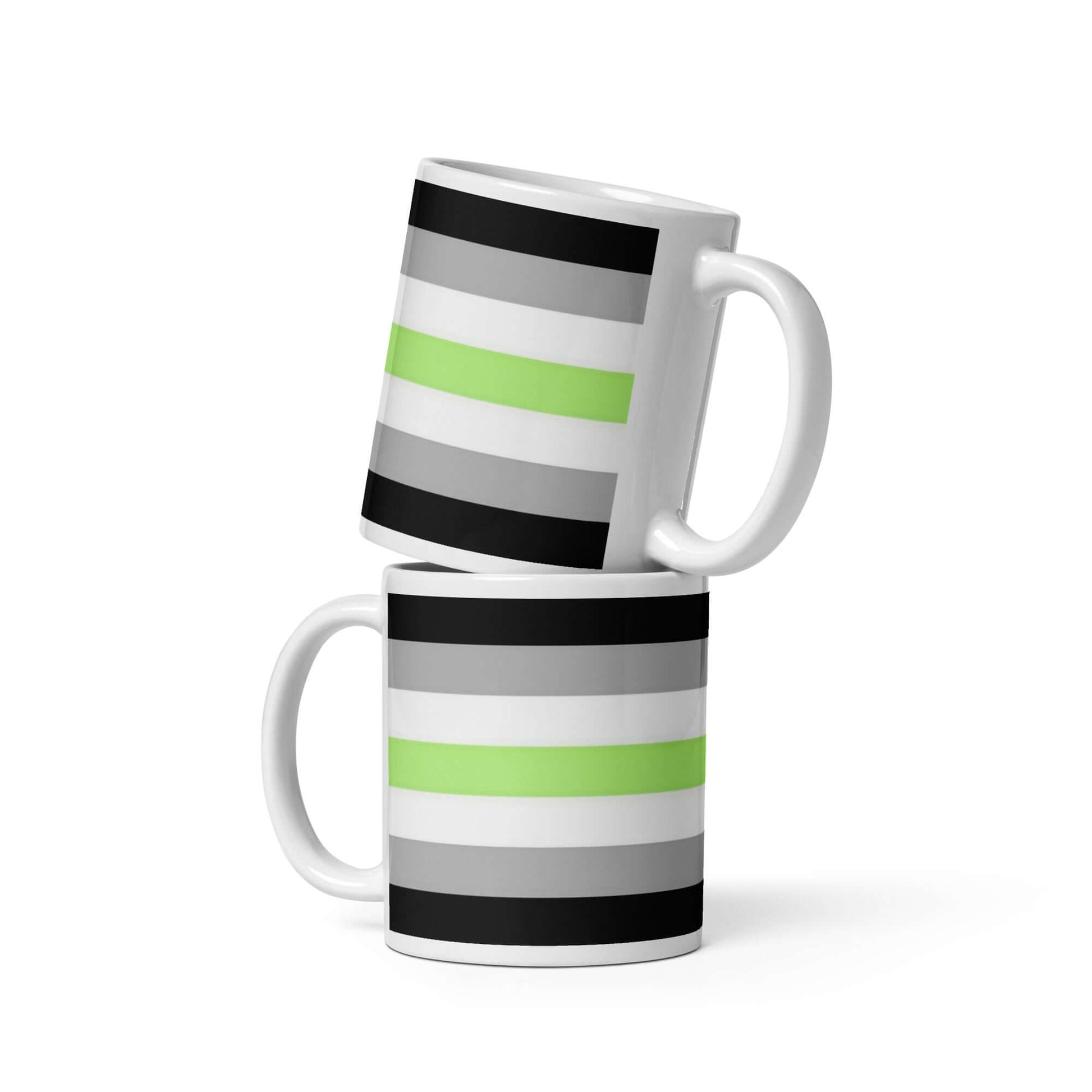 Agender Pride Mug featuring black, gray, and green stripes, perfect for coffee or tea, available in multiple sizes.