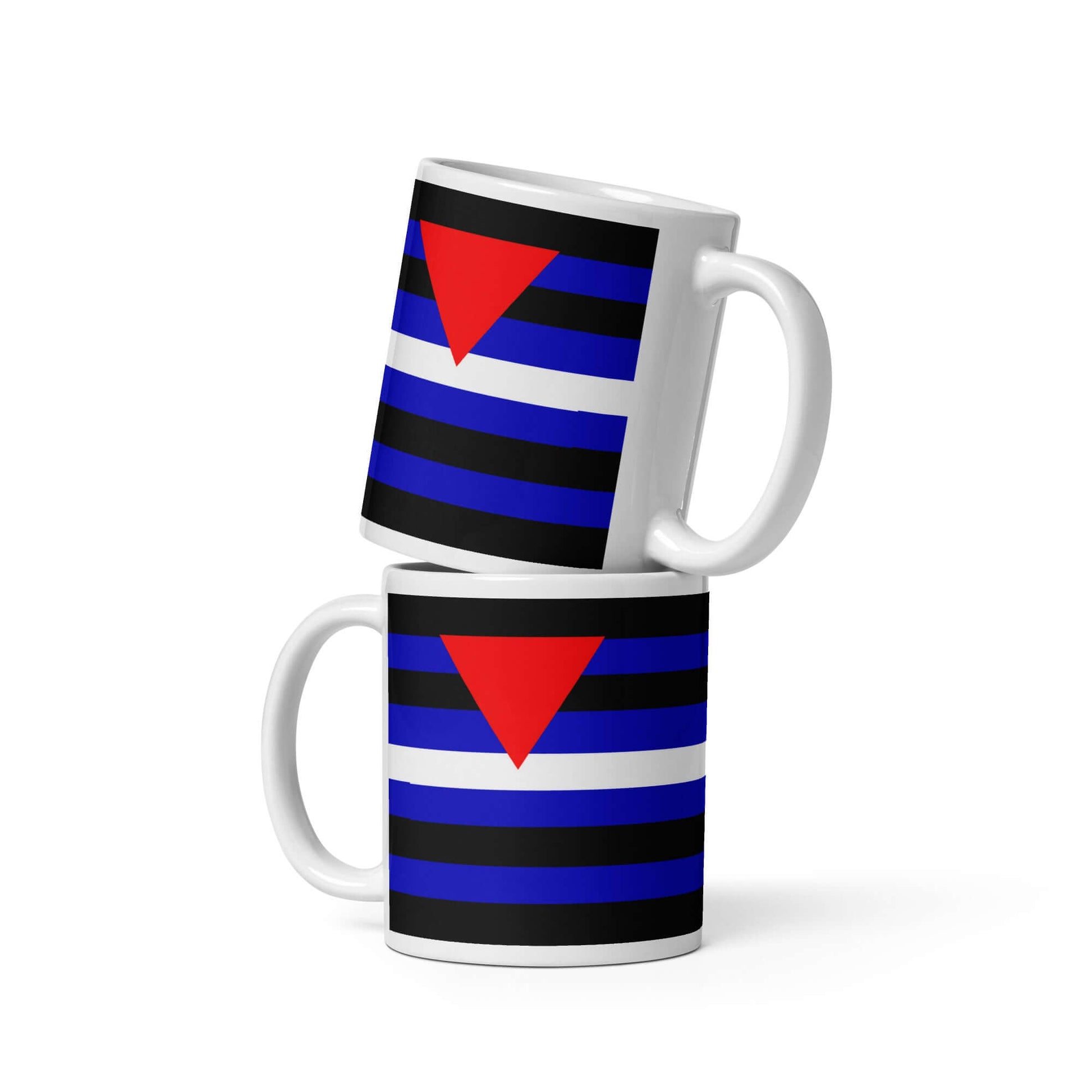Leather Queer Fetish Mug featuring a vibrant design with red triangle and black and blue stripes.