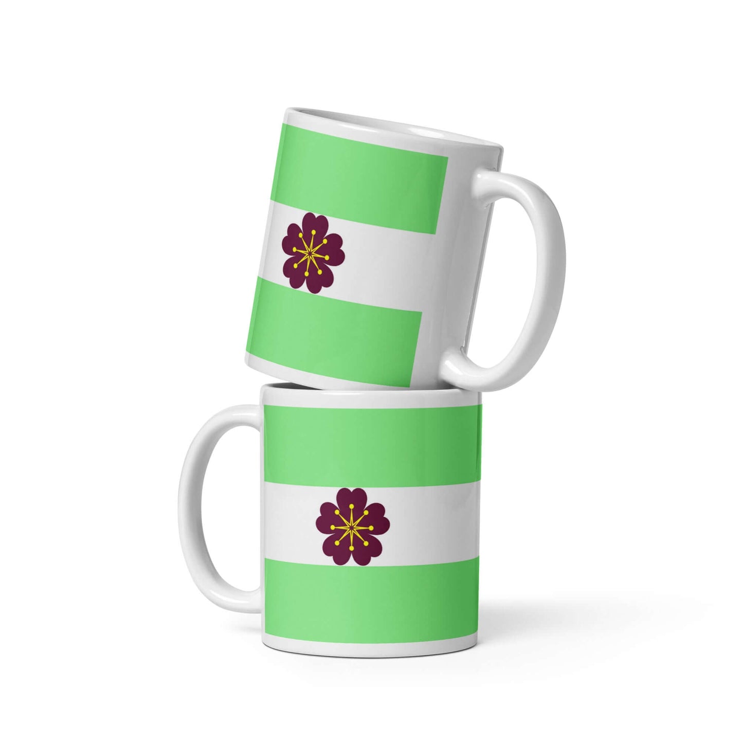 Diamoric Pride Mug featuring a bold green flag design with a flower, ideal for coffee or tea.